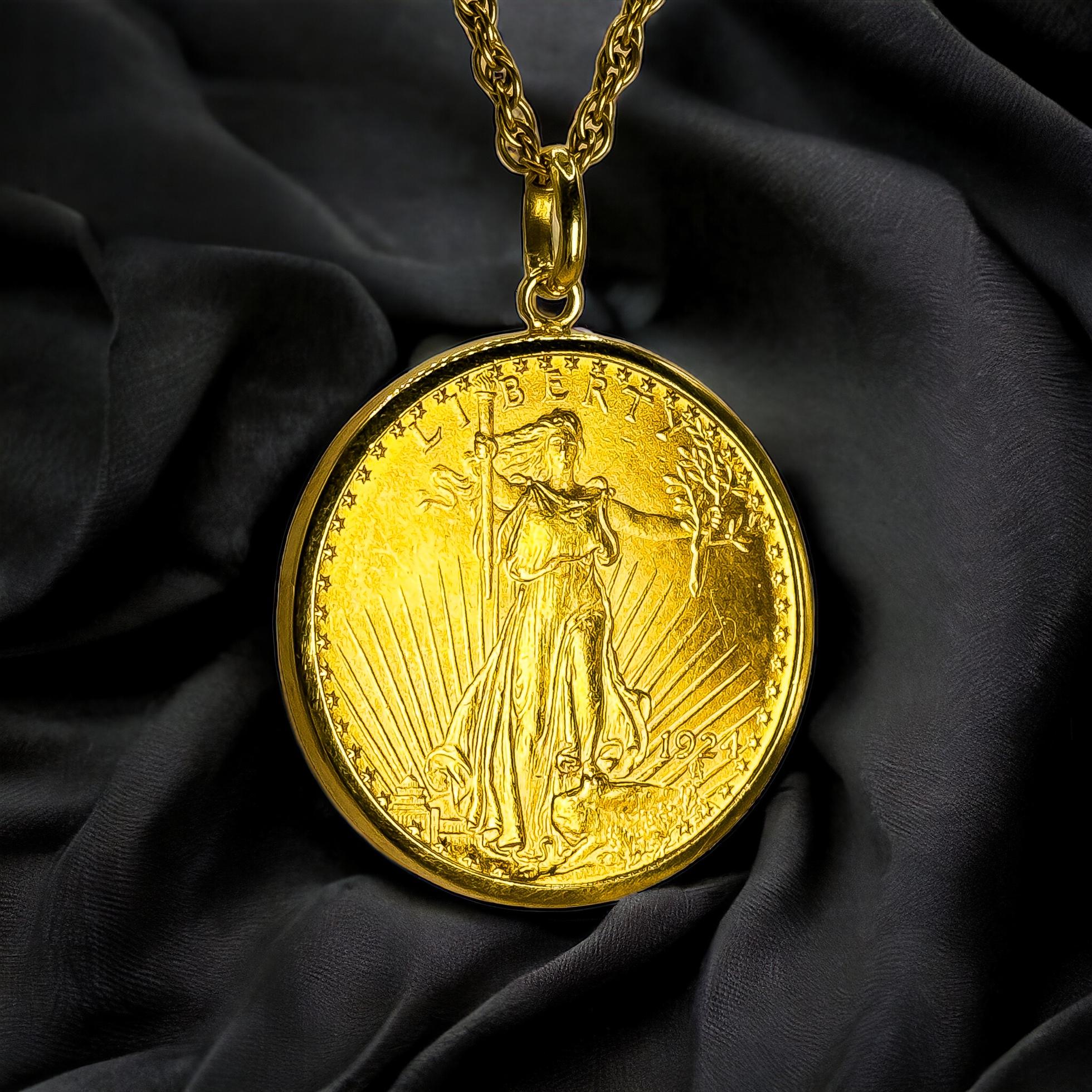 Unveil the Grandeur of Liberty - A Collector's Dream Pendant

This majestic pendant features a 1 oz Liberty gold coin, a treasure of American numismatics, now transformed into a stunning piece of jewelry. Crafted with the finest 18K and 22K solid