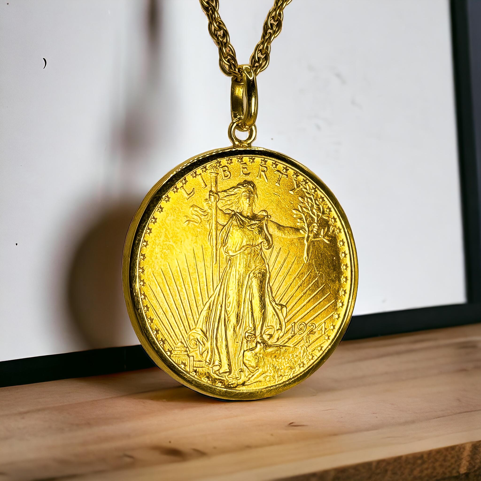 Liberty 1 oz 18K & 22K Gold American Eagle Coin Pendant 20 Dollars In New Condition In Geneva, CH