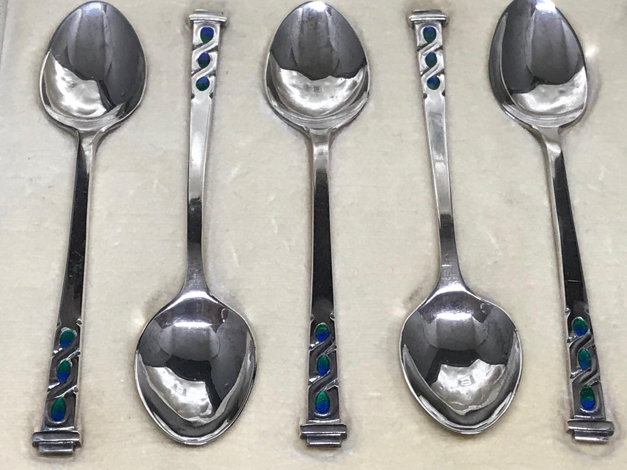 Liberty, a Fine & Rare Set of Six Art Deco Silver & Enamel Cased Coffee Spoons In Good Condition In London, GB