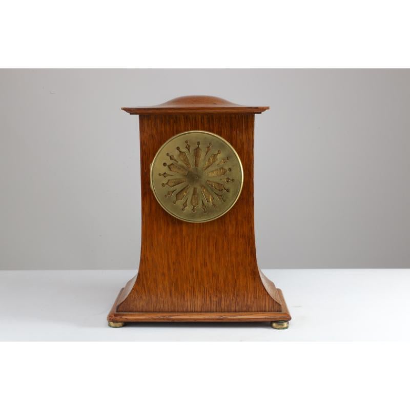 Liberty & Co C F A Voysey style Arts & Crafts oak mantle clock with floral inlay In Good Condition For Sale In London, GB