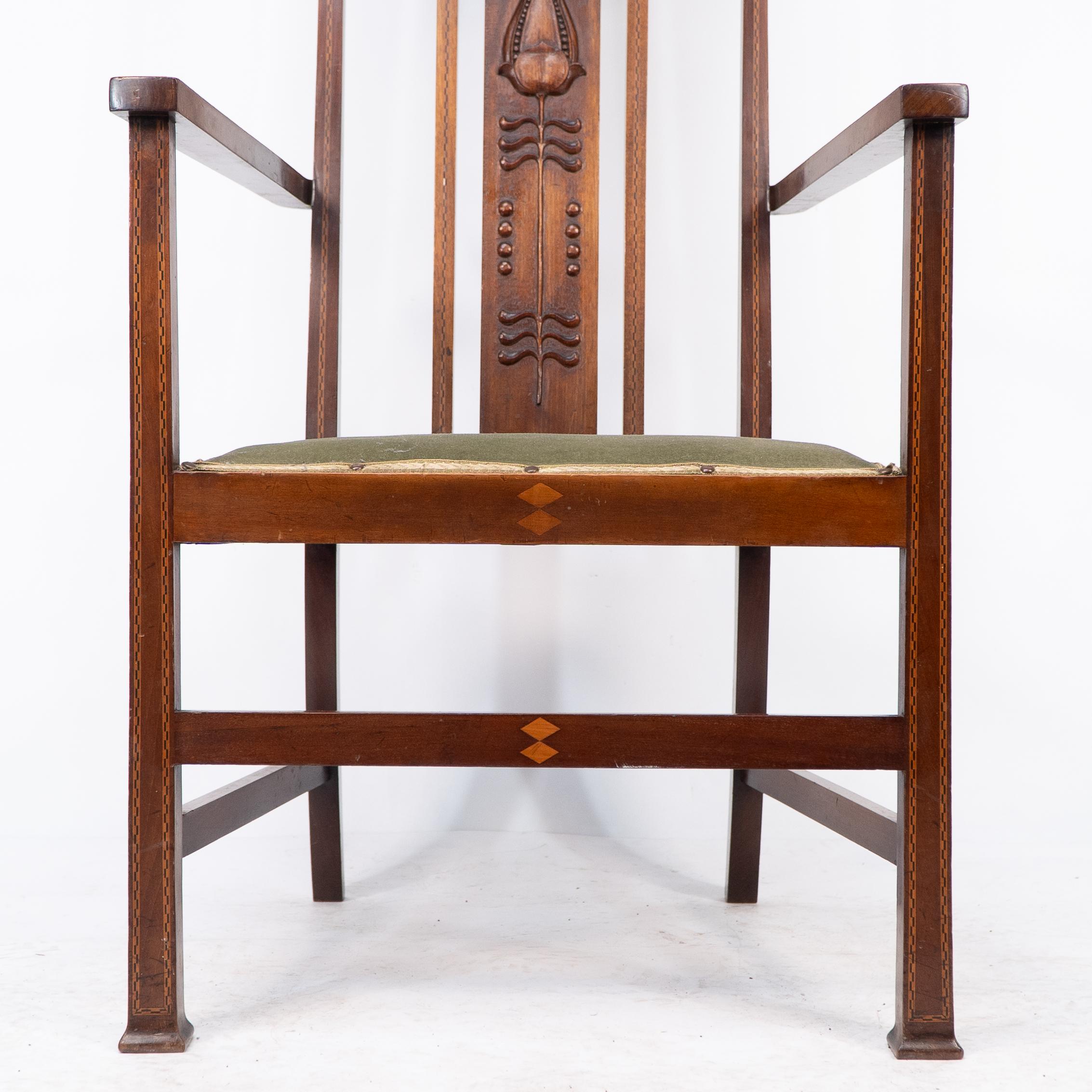 Liberty and Co attri, An Arts and Crafts mahogany and Inlaid Armchair For Sale 6