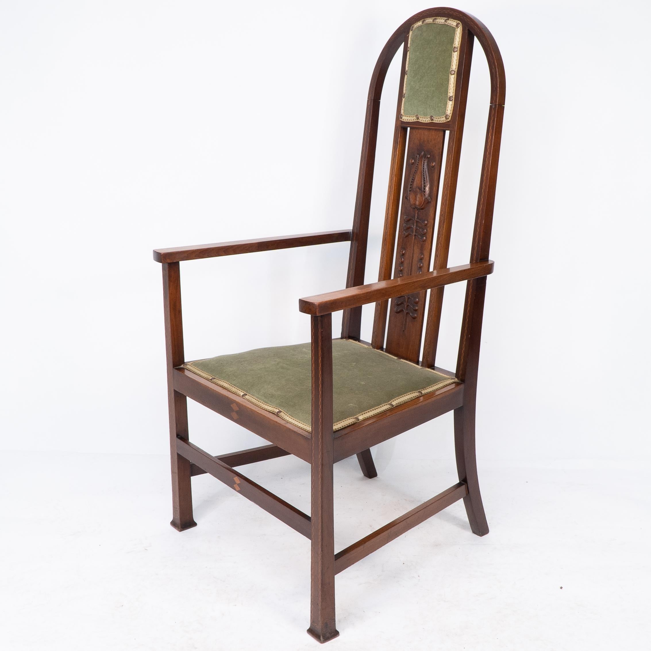 English Liberty and Co attri, A Pair of Arts and Crafts mahogany and Inlaid Armchair For Sale