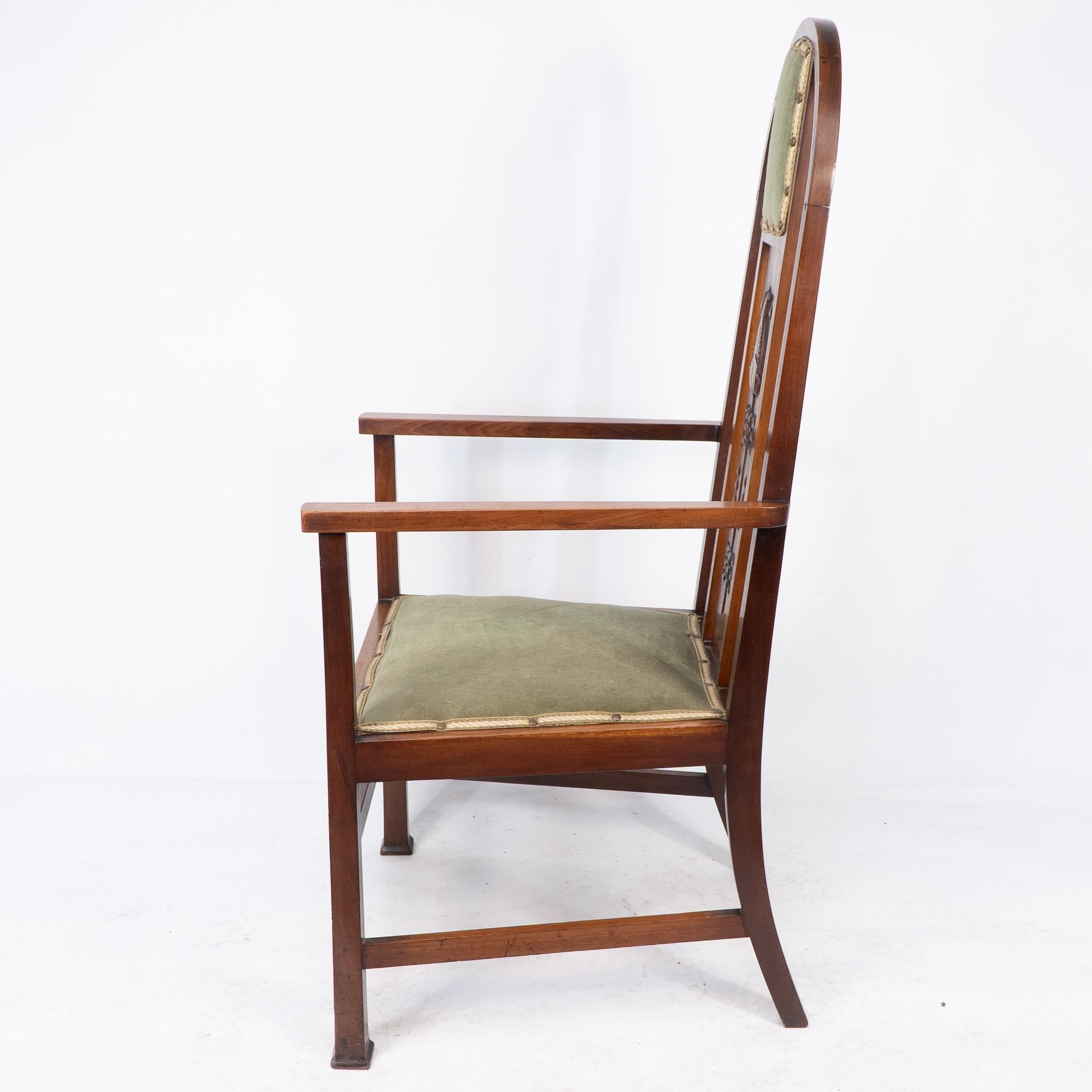 Hand-Carved Liberty and Co attri, A Pair of Arts and Crafts mahogany and Inlaid Armchair For Sale