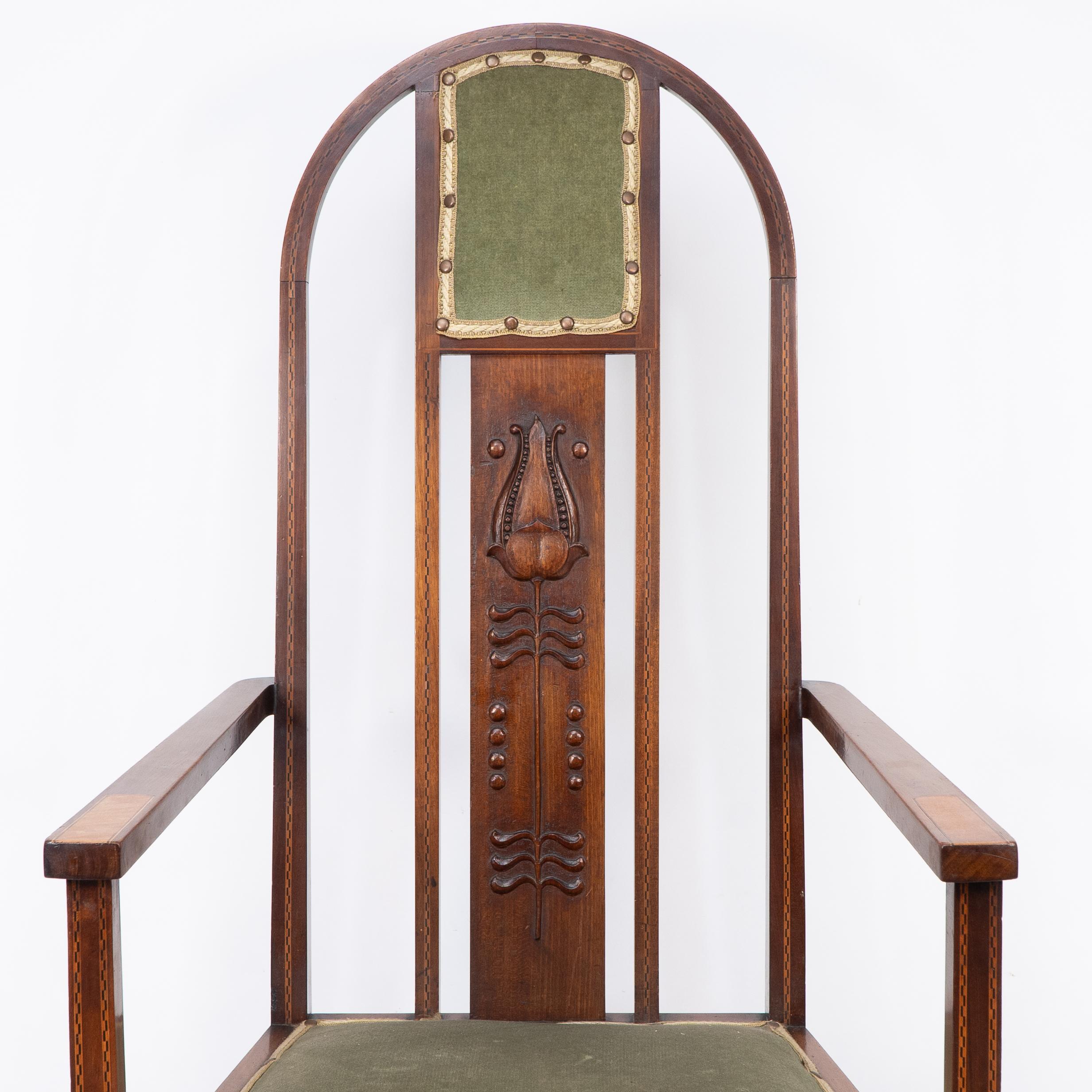 20th Century Liberty and Co attri, A Pair of Arts and Crafts mahogany and Inlaid Armchair For Sale