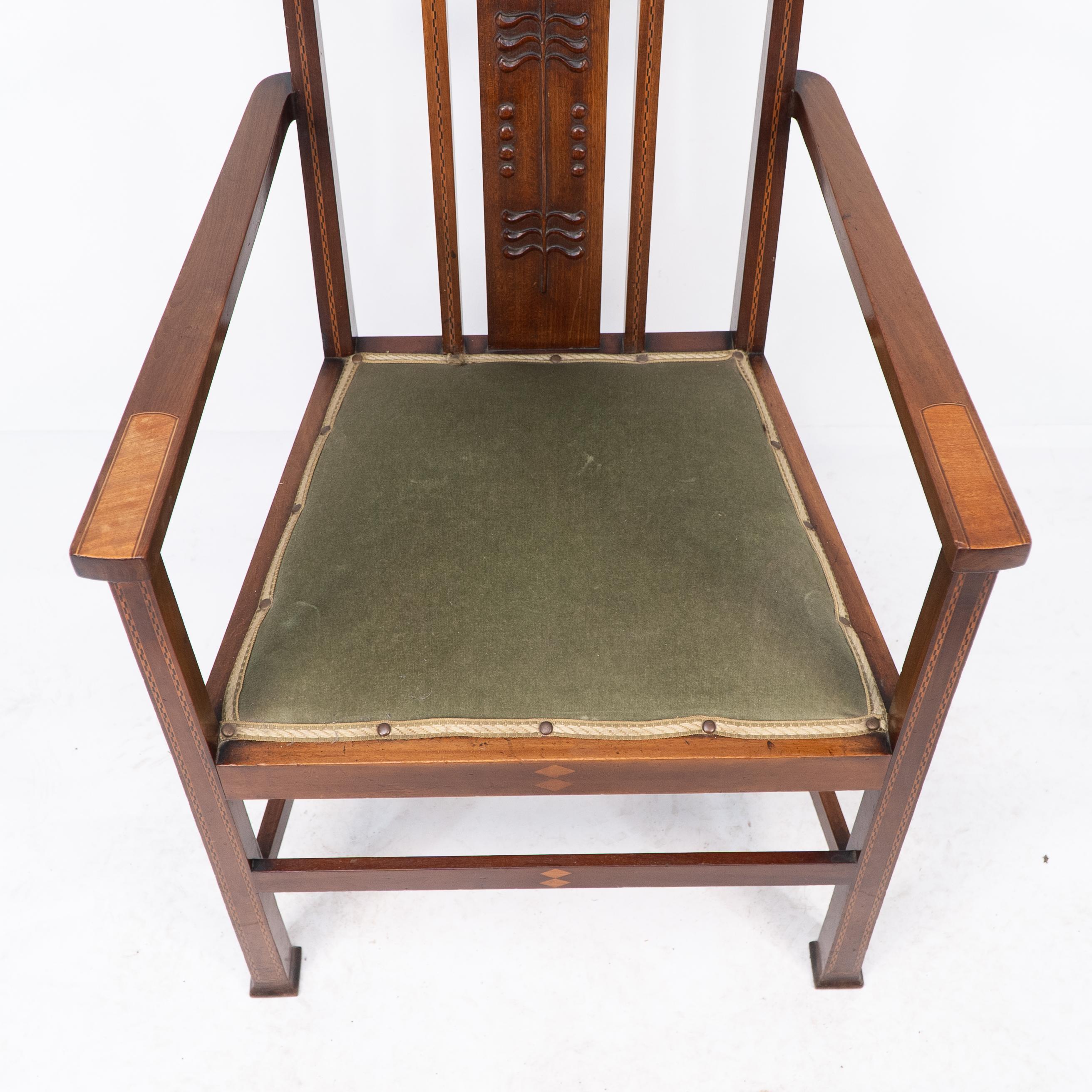 Liberty and Co attri, A Pair of Arts and Crafts mahogany and Inlaid Armchair For Sale 2
