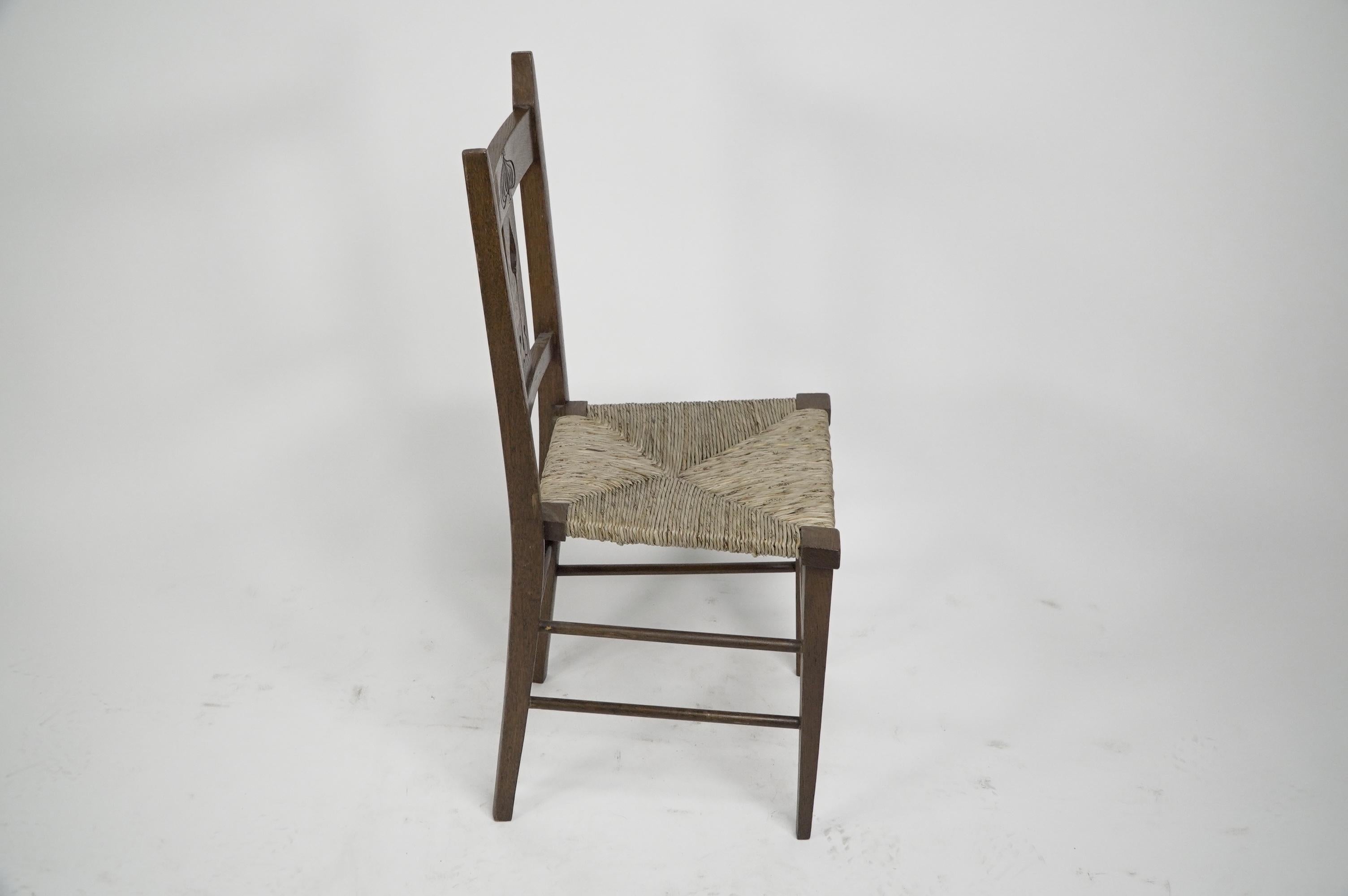 Oak Liberty & Co attributed. Set of six Glasgow Style oak & rush seat dining chairs. For Sale