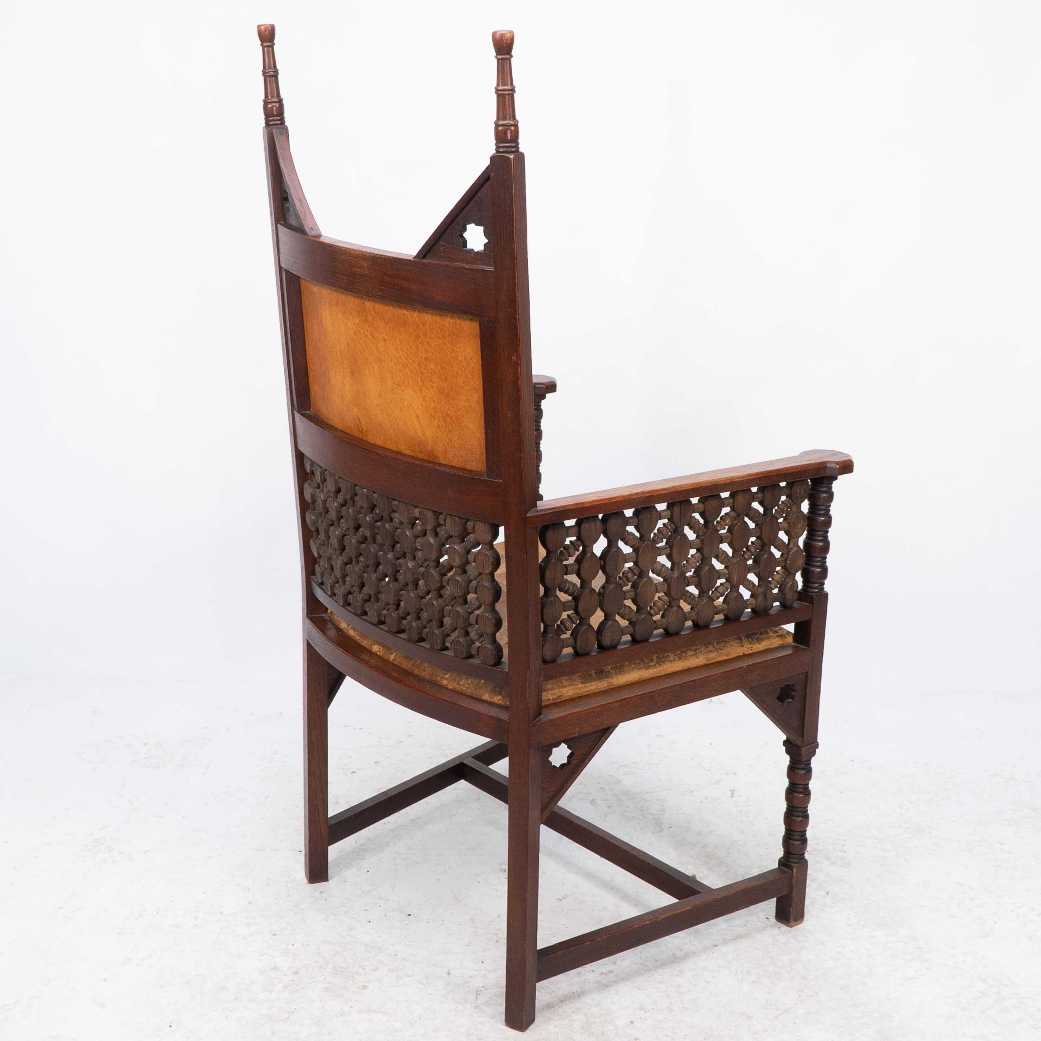 Liberty & Co. A Moorish Arts & Crafts walnut armchair with original leather seat For Sale 11