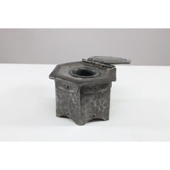 Liberty and Co Pewter Inkwell with a Green Ruskin Jewel and original ink liner