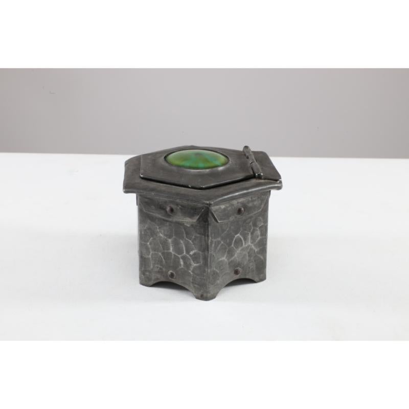English Liberty and Co Pewter Inkwell with a Green Ruskin Jewel and original ink liner For Sale