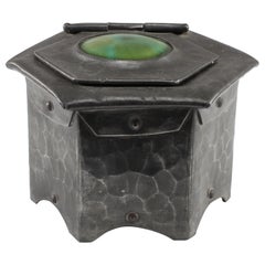 Liberty and Co Pewter Inkwell with a Green Ruskin Jewel and original ink liner