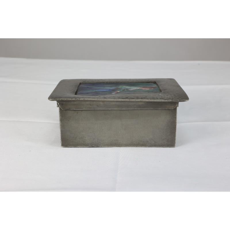 Liberty and Co. An Arts and Crafts pewter box with an enamel maiden to the lid.  For Sale 5