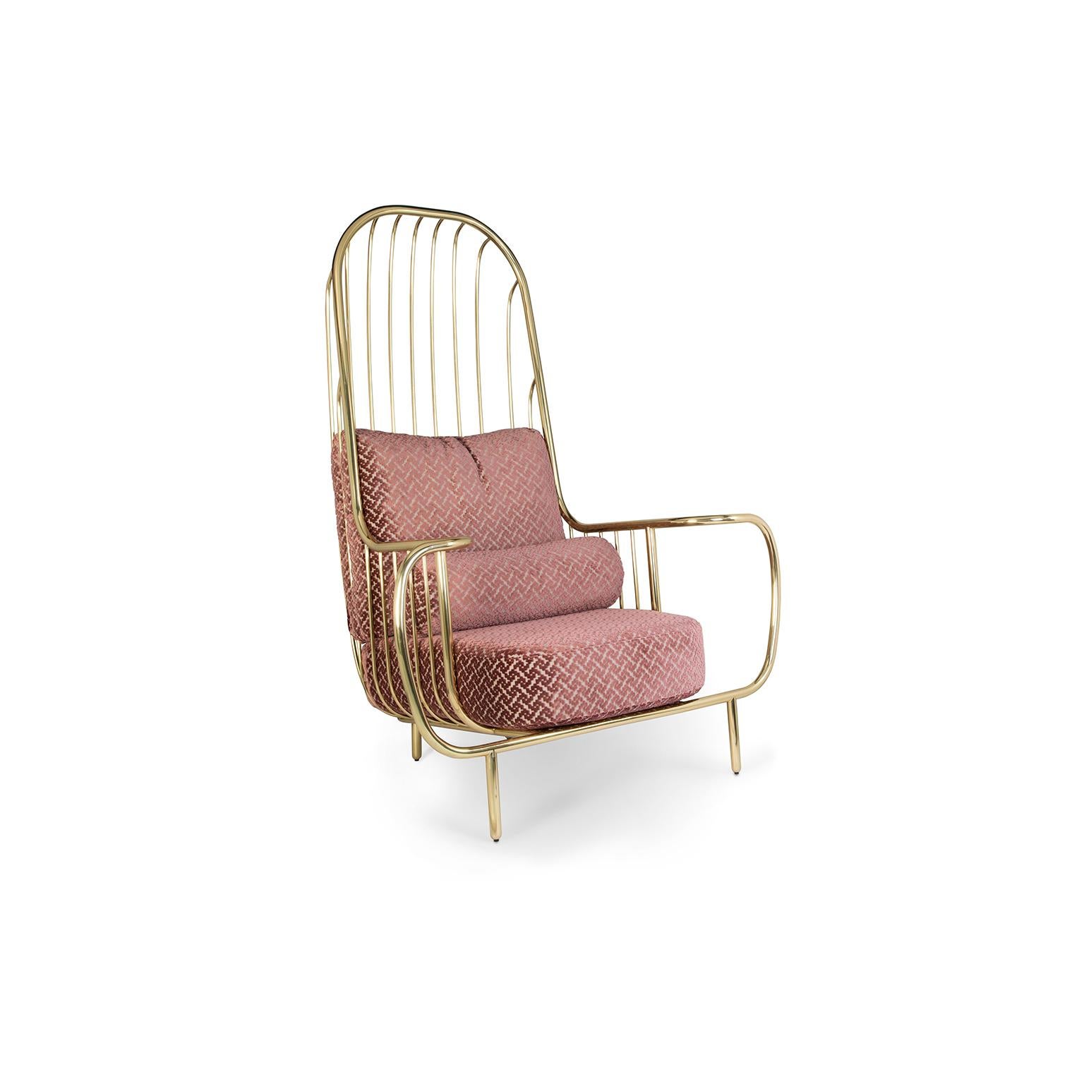 Liberty Sessel mit hoher Rückenlehne, poliertem Messing und rosa Jacquard-Samt-Kissen (Poliert) im Angebot