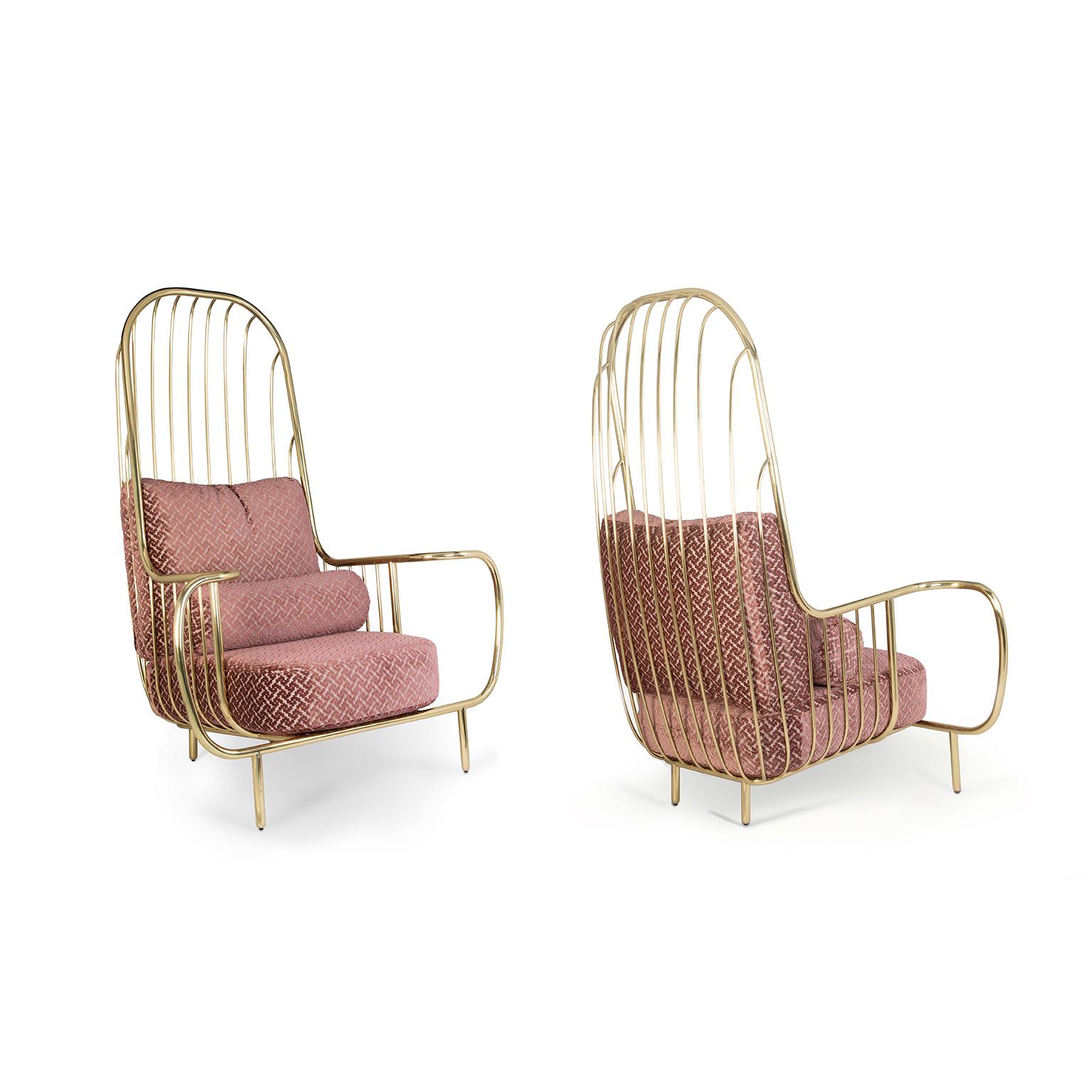 Contemporary Liberty Armchair High Back, Polished Brass and Pink Jacquard Velvet Cushions For Sale