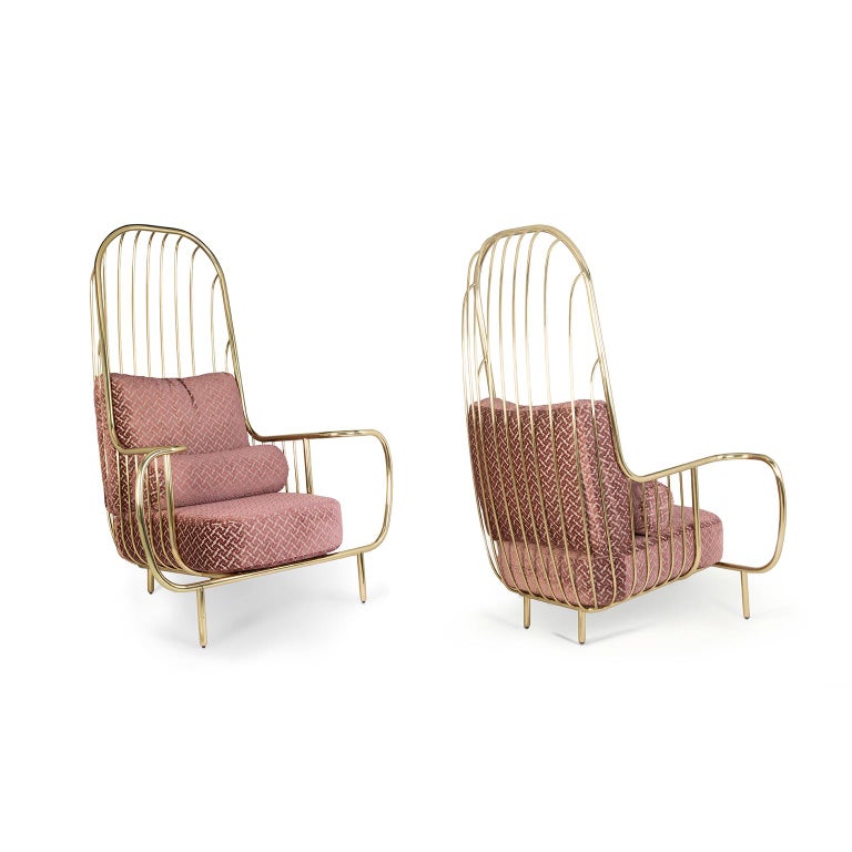 Mid-Century Modern Liberty Armchair High Back, Polished Brass and Pink Jacquard Velvet Cushions For Sale