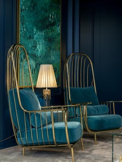 Contemporary Liberty Armchair High Back Polished Brass and Blue Velvet Cushions