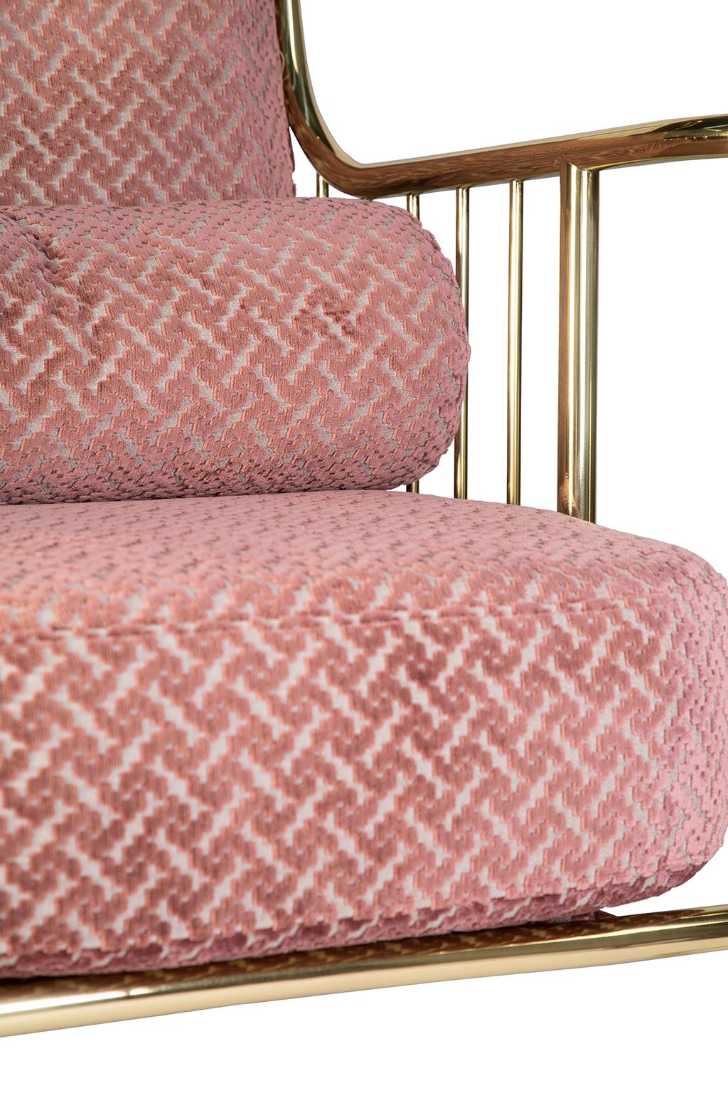 Fabric Liberty Armchair High Back, Polished Brass and Pink Jacquard Velvet Cushions For Sale