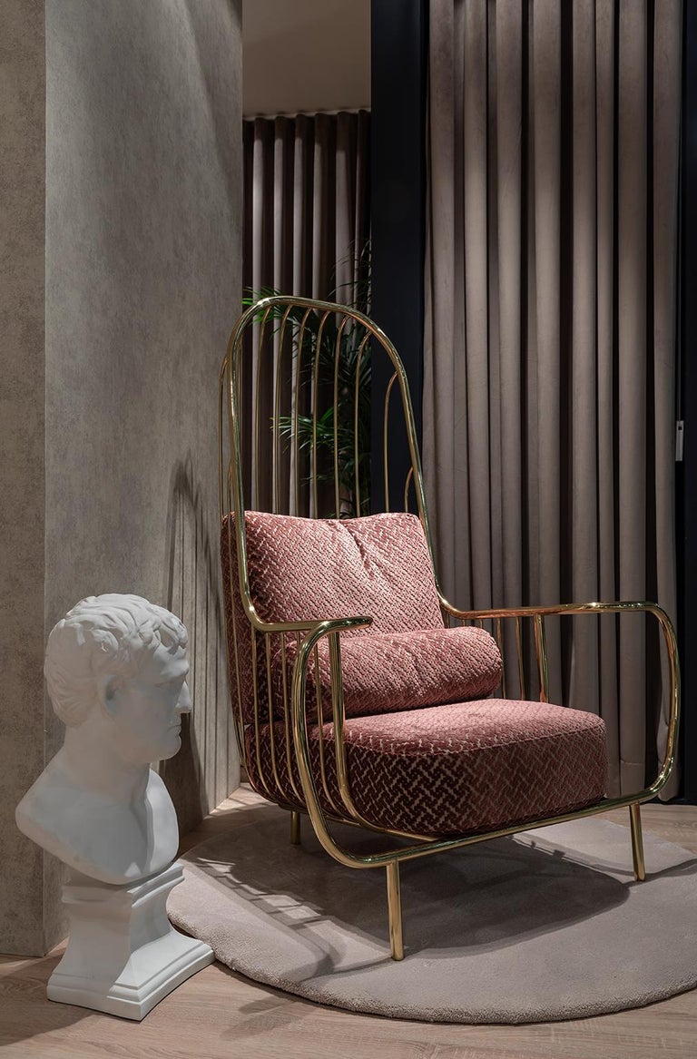 Hand-Crafted Liberty Armchair High Back, Polished Brass and Pink Jacquard Velvet Cushions For Sale