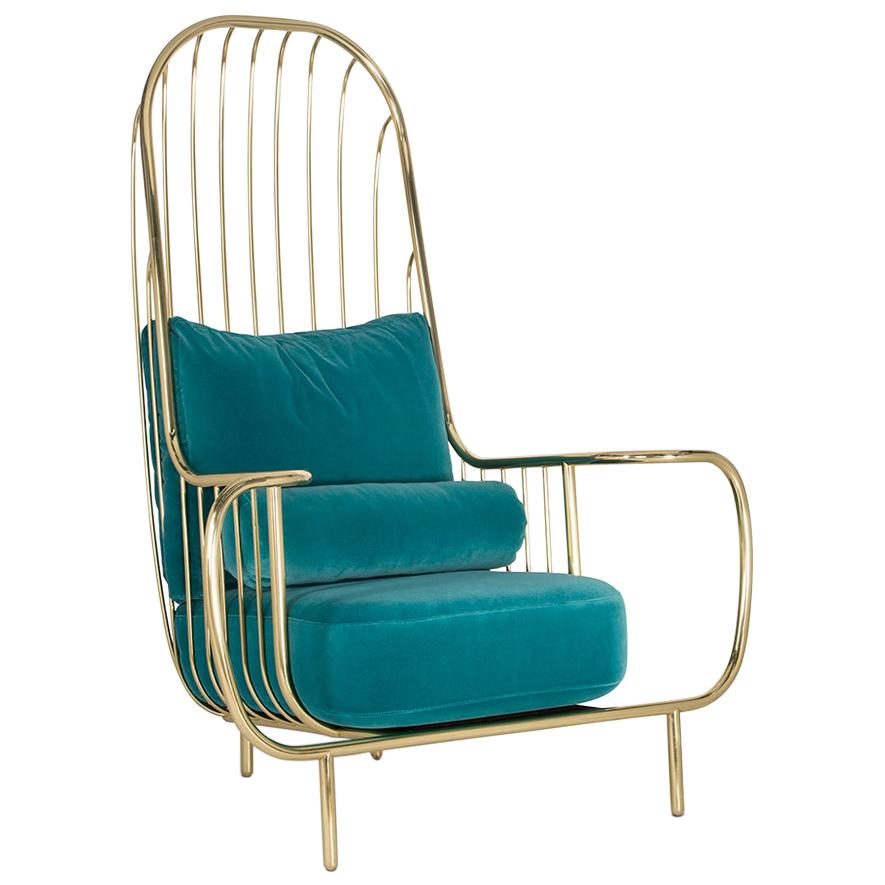 Contemporary Liberty Armchair High Back Polished Brass and Blue Velvet Cushions