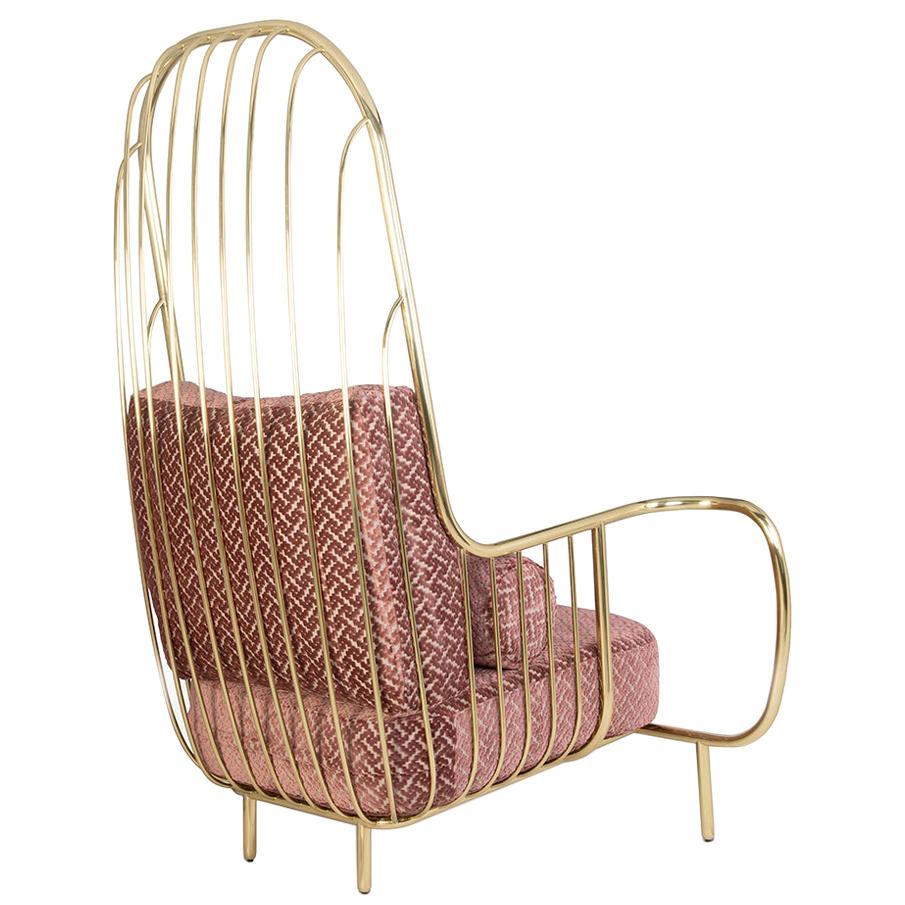 Liberty Armchair High Back, Polished Brass and Pink Jacquard Velvet Cushions