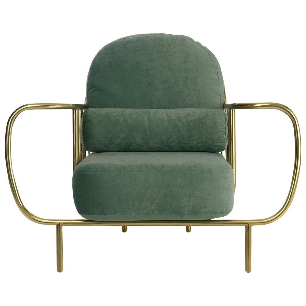 Contemporary Liberty Armchair in Polished Brass and Grey Velvet Cushions
