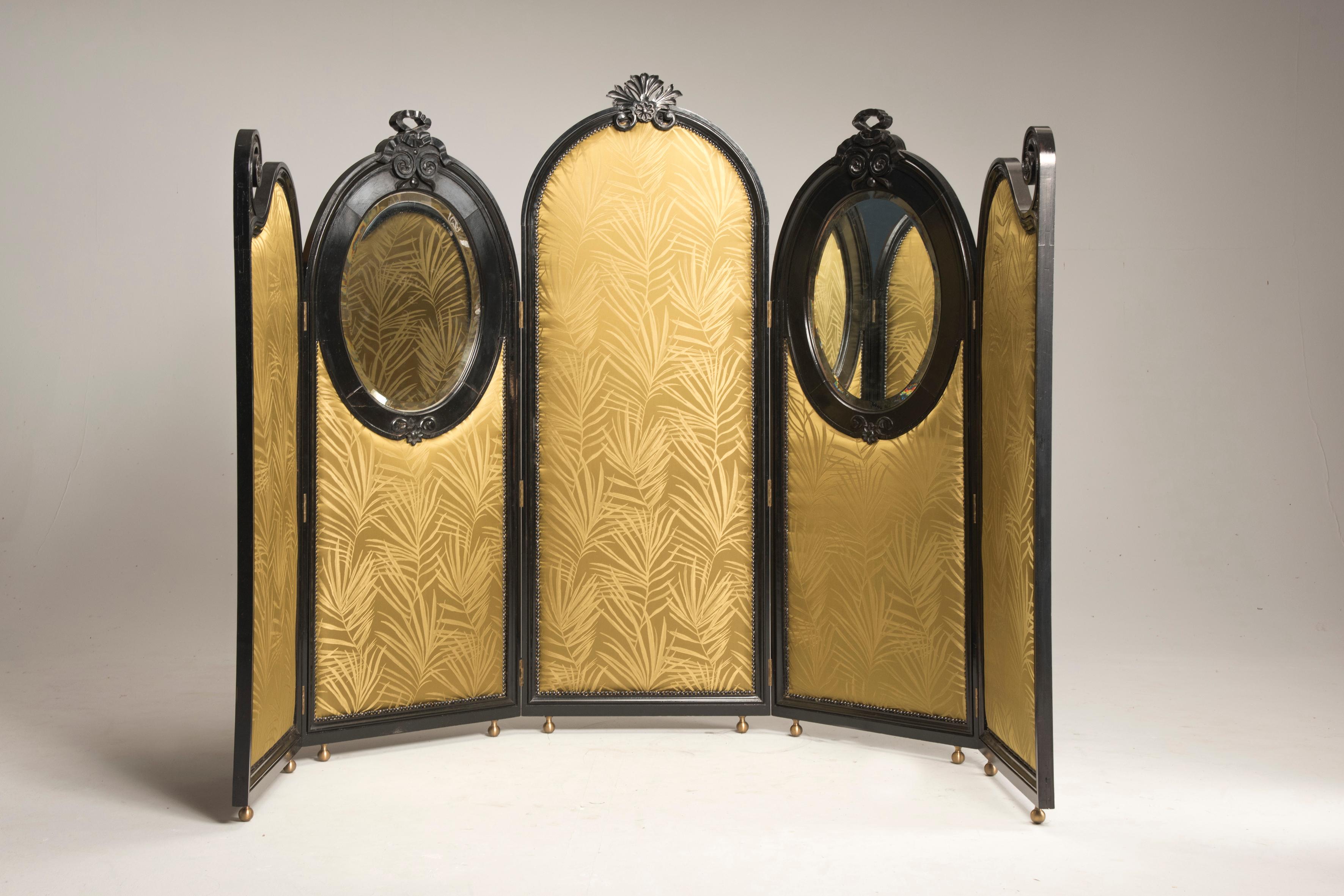 Art Nouveau Liberty Black Wood Green Palm Fabric Five Panels and Oval Mirrors Screen