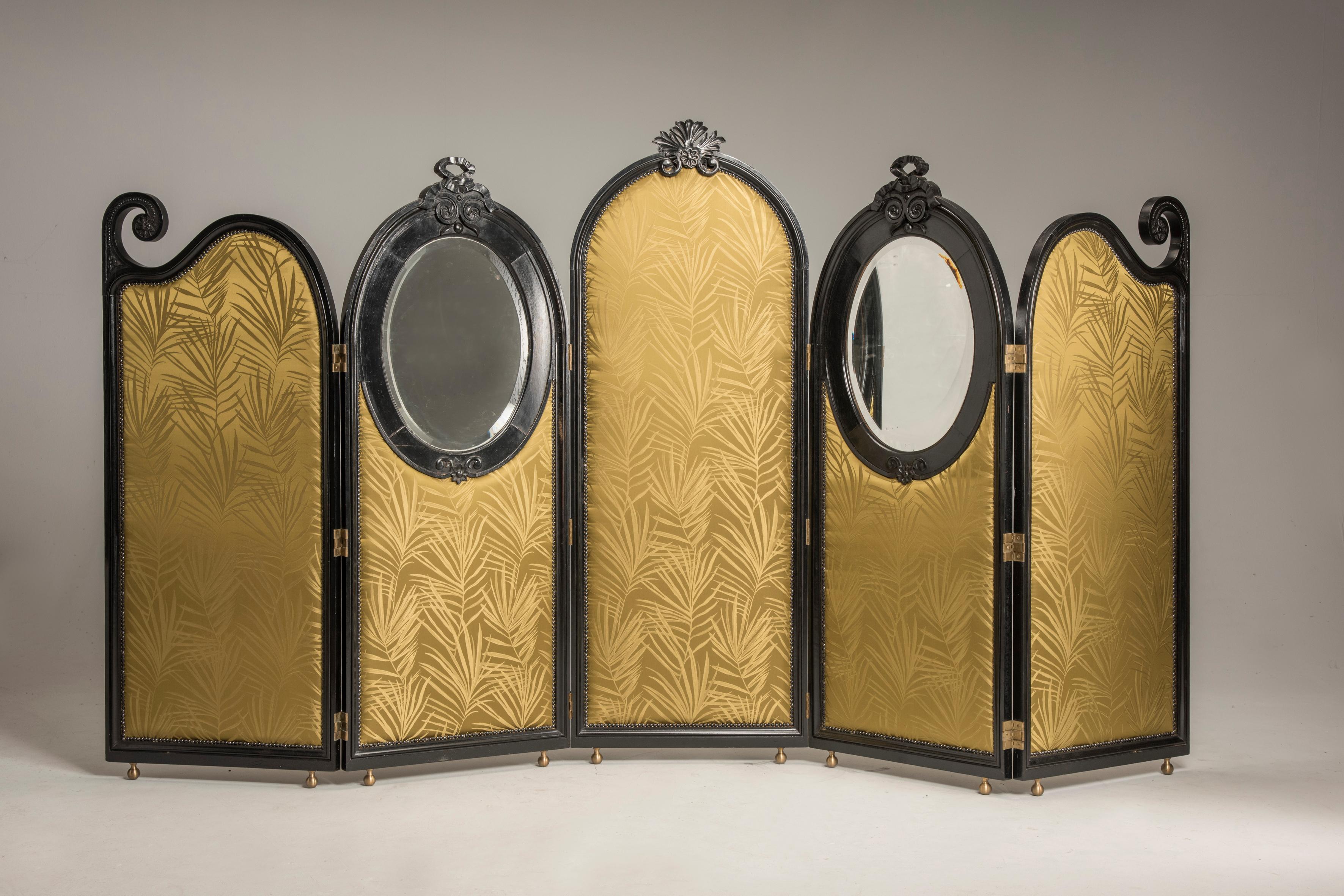 Italian Liberty Black Wood Green Palm Fabric Five Panels and Oval Mirrors Screen