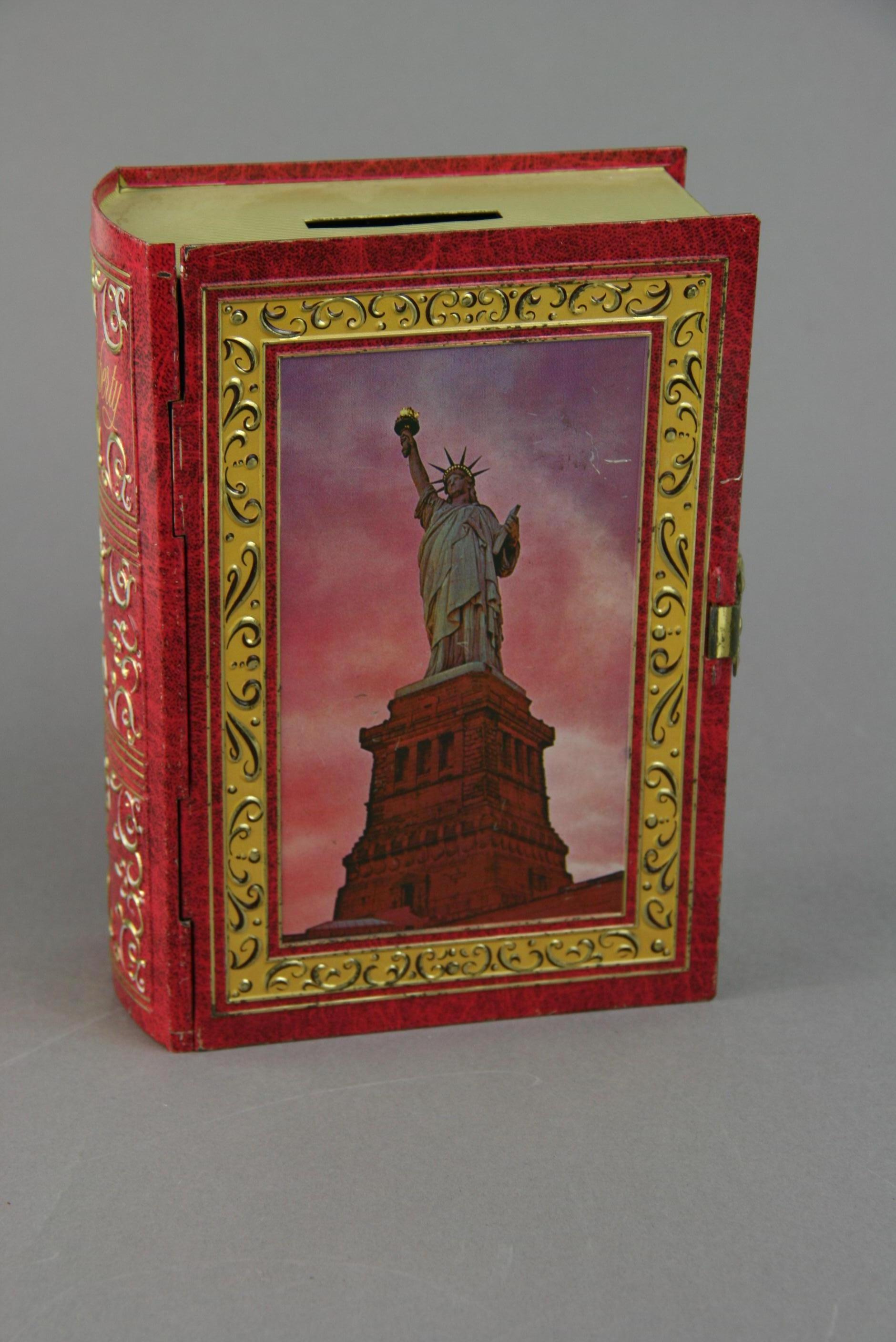 3-378 tin Liberty book bank made by Klann in Western Germany, 1970.