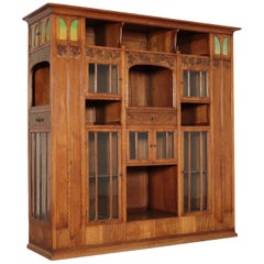 Liberty Bookcase Art Nouveau Sessile Oak Brass, Italy, End 1800-Early 1900