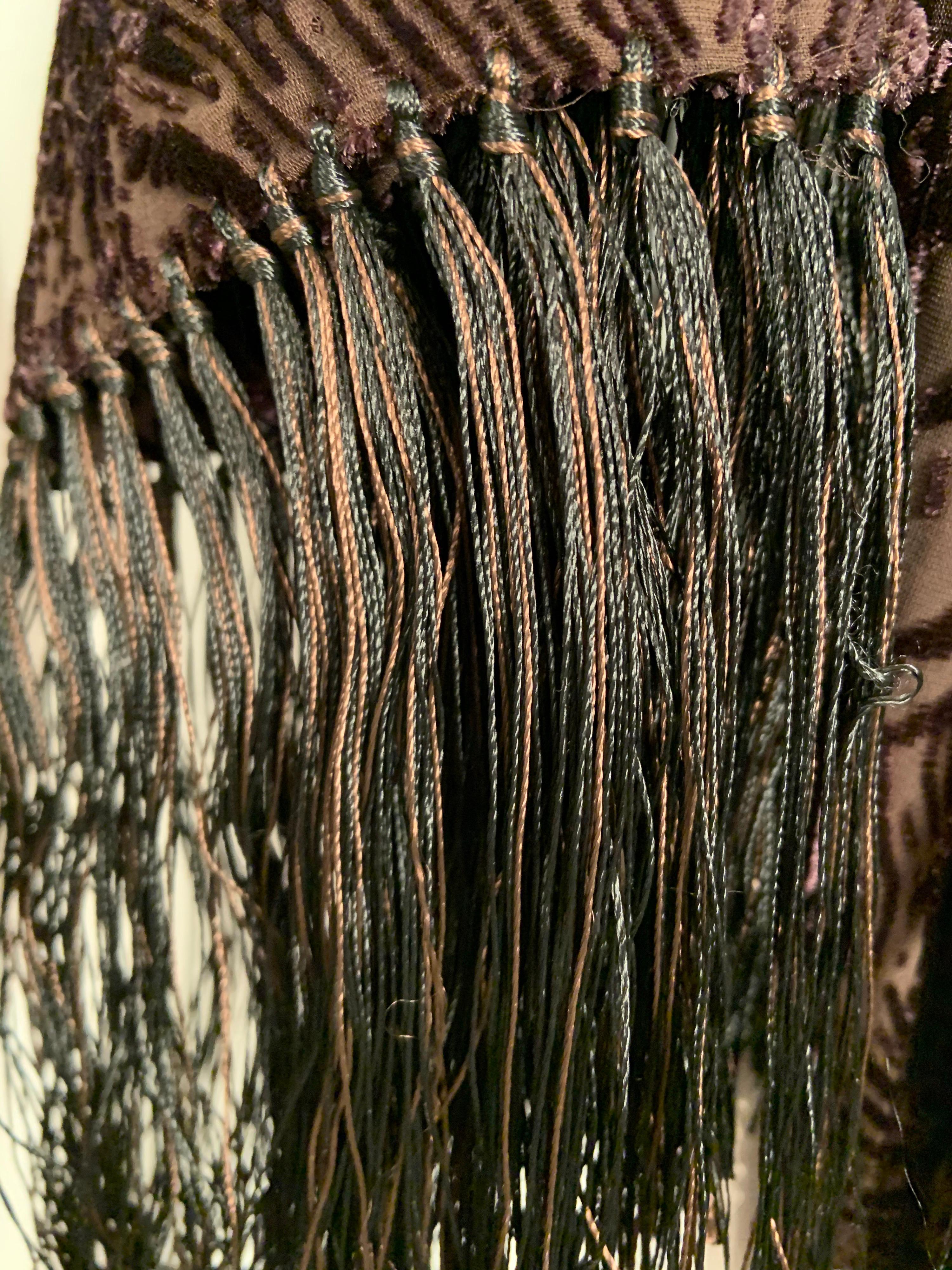 Liberty Chocolate Brown Voided Velvet Fringed Shawl with Peacock Feather Design For Sale 2