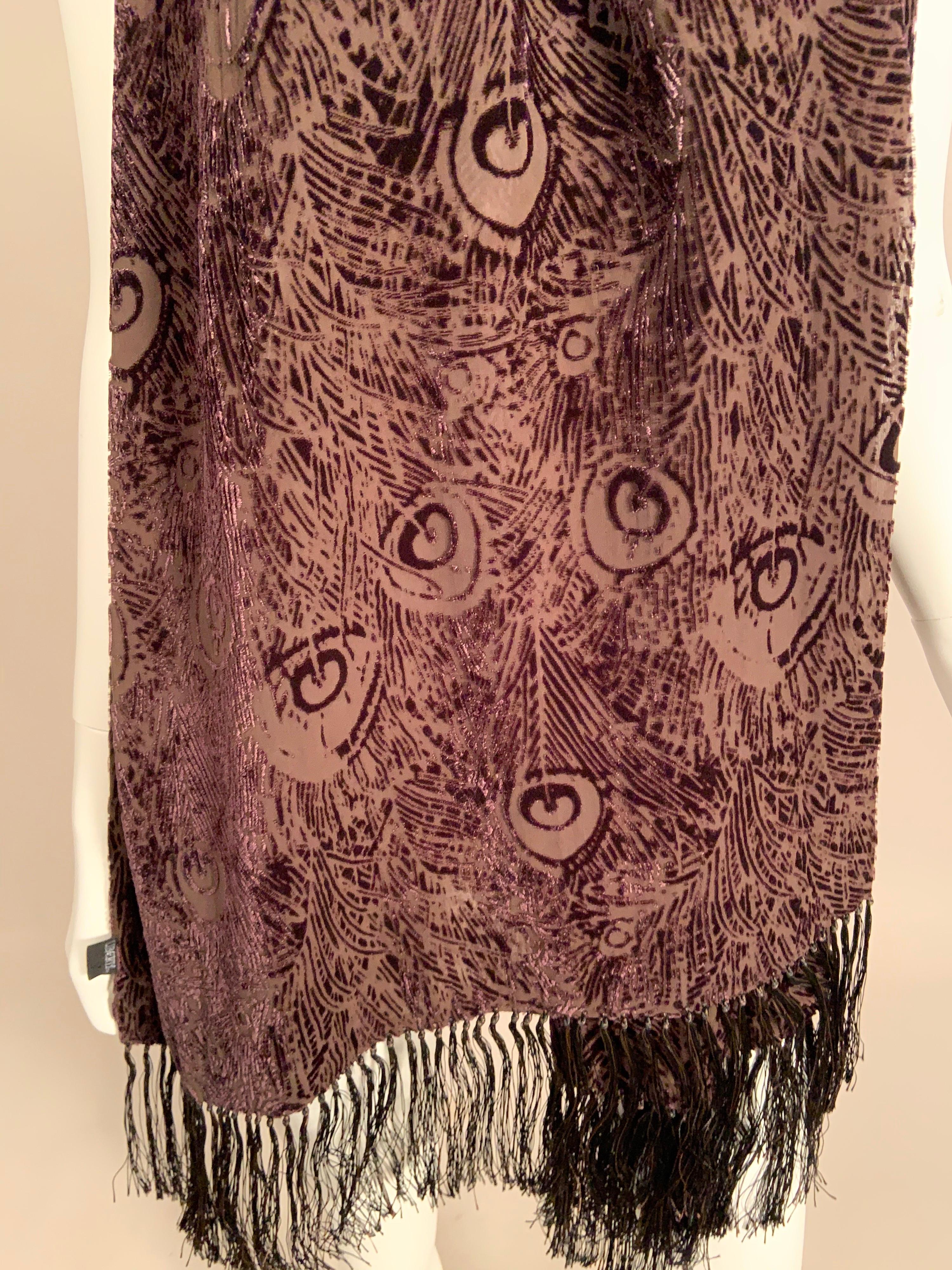 Black Liberty Chocolate Brown Voided Velvet Fringed Shawl with Peacock Feather Design For Sale