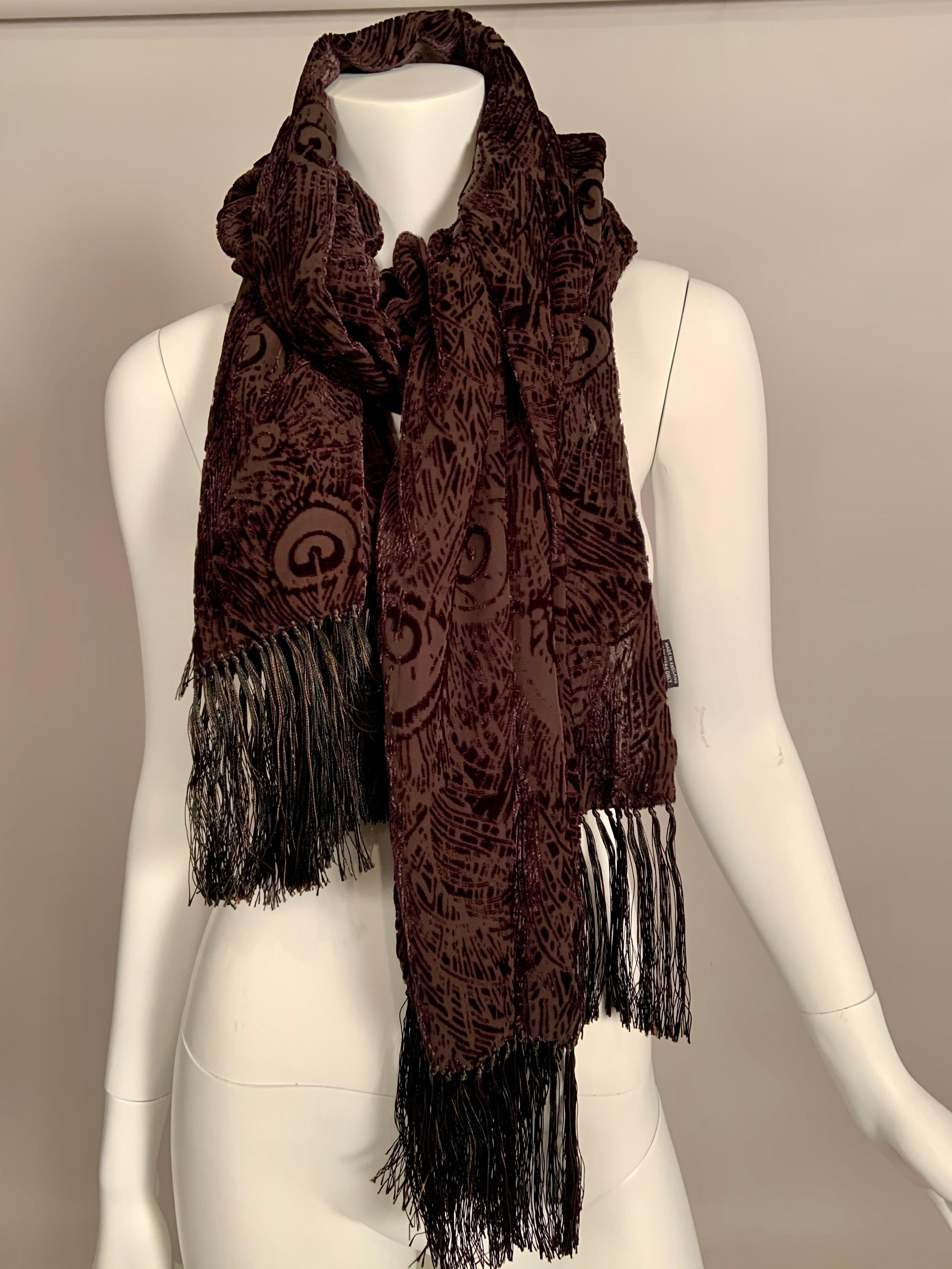 Women's Liberty Chocolate Brown Voided Velvet Fringed Shawl with Peacock Feather Design For Sale