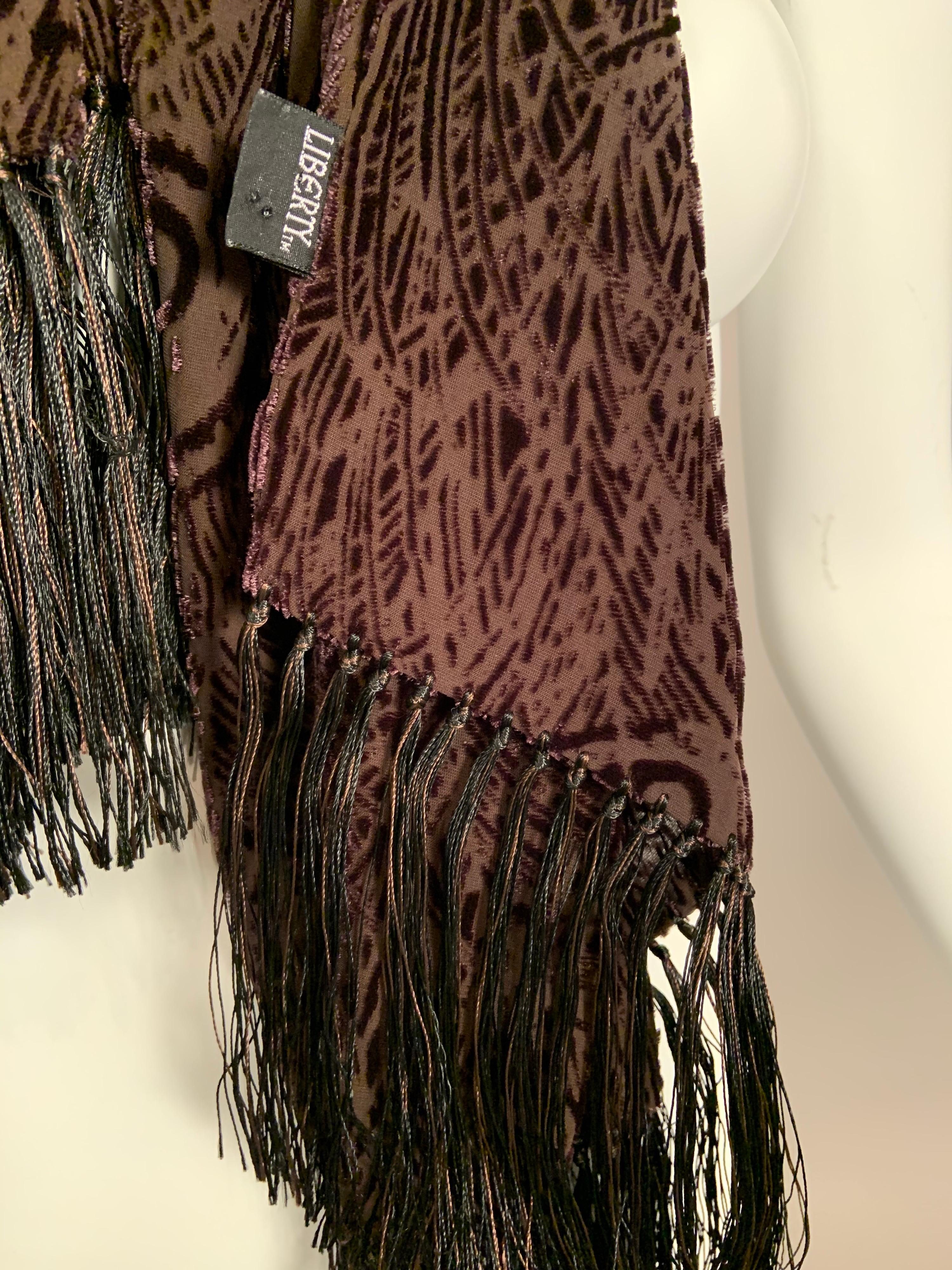 Liberty Chocolate Brown Voided Velvet Fringed Shawl with Peacock Feather Design For Sale 1
