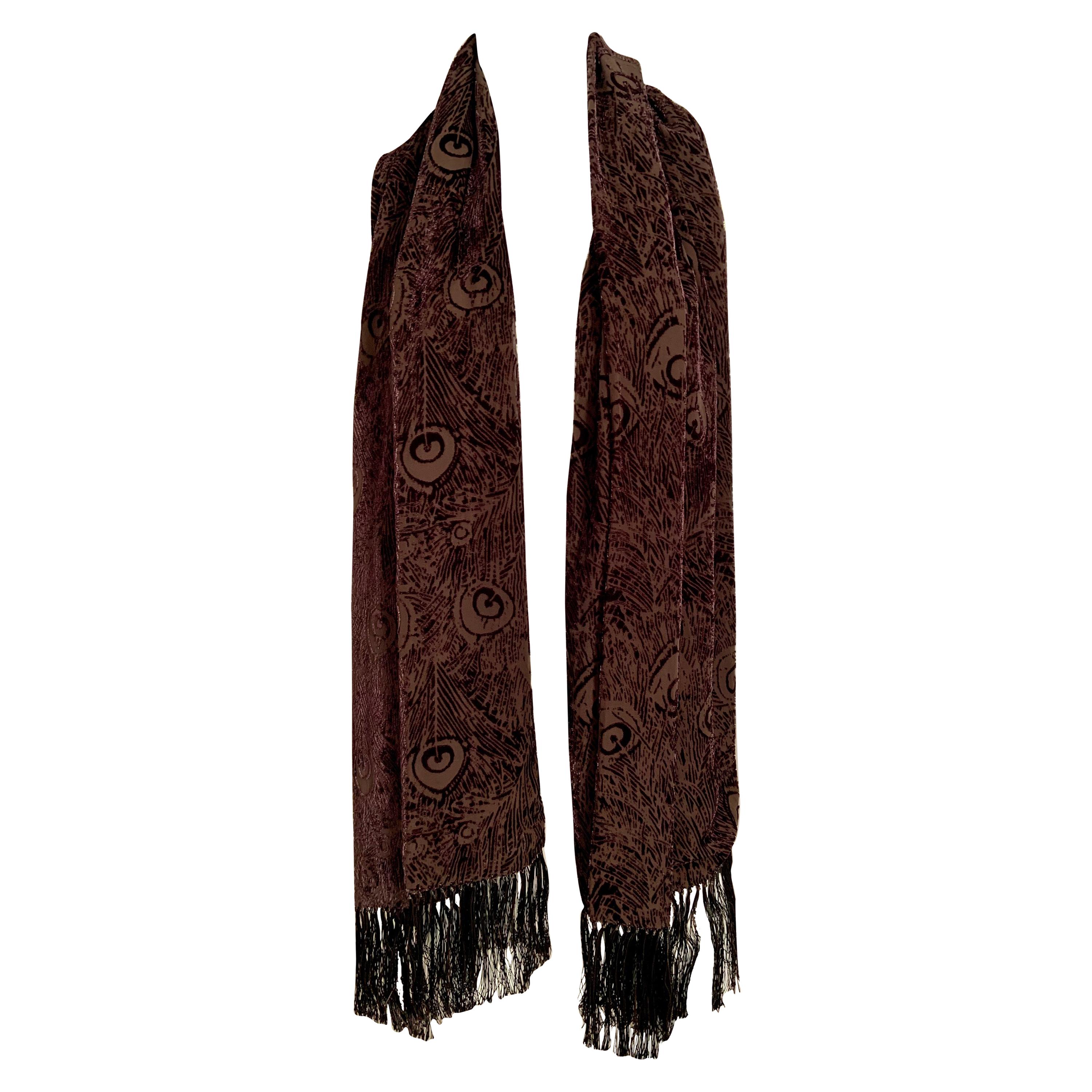 Liberty Chocolate Brown Voided Velvet Fringed Shawl with Peacock Feather Design