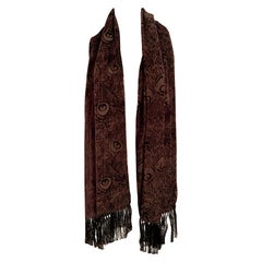 Vintage Liberty Chocolate Brown Voided Velvet Fringed Shawl with Peacock Feather Design