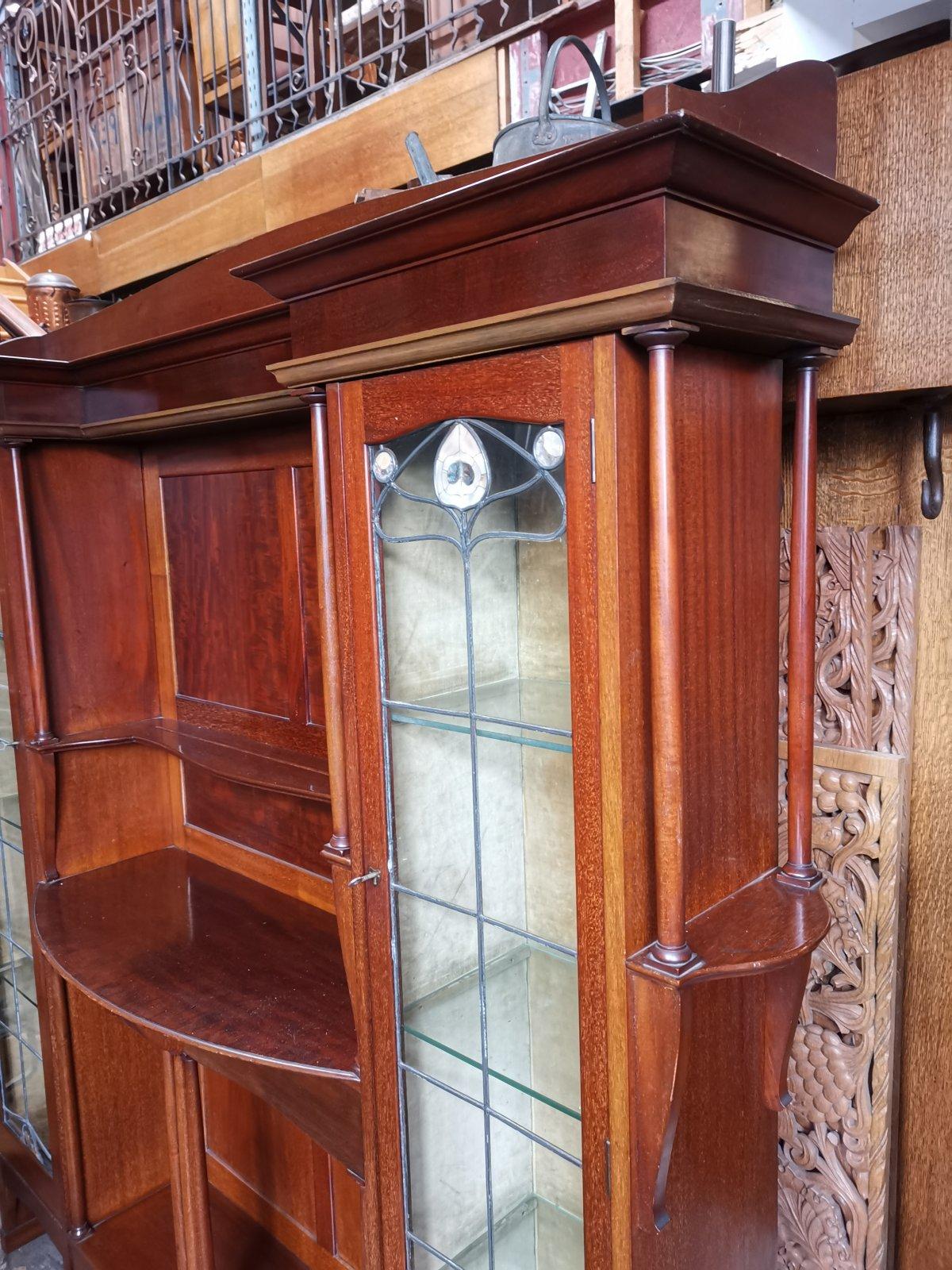 Hand-Crafted Liberty & Co. a Mahogany Display Cabinet with Floral Mother of Pearl Decoration For Sale