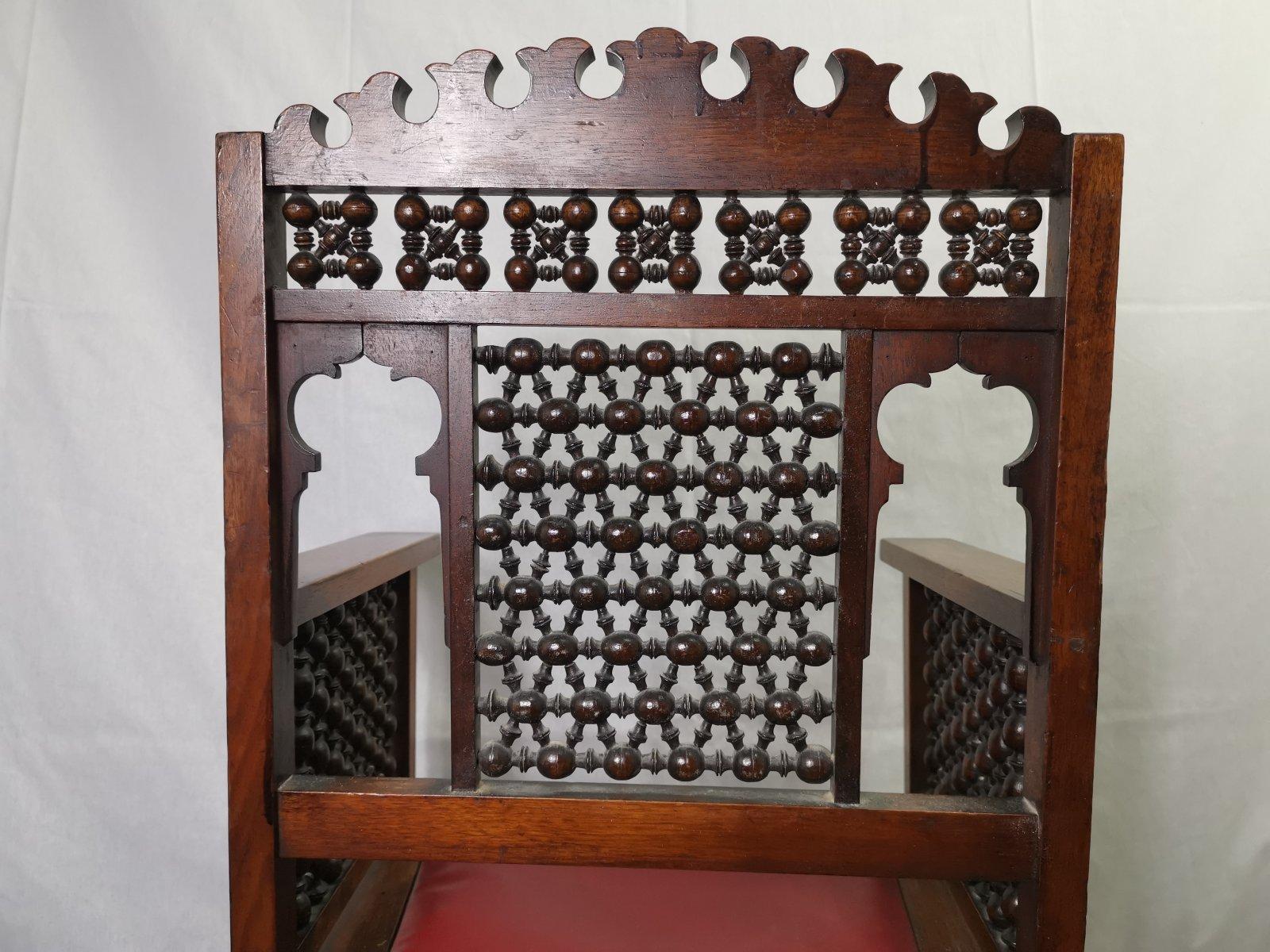 Liberty & Co a Moorish Walnut Armchair with Mashrabiya Turned Details Throughout For Sale 4