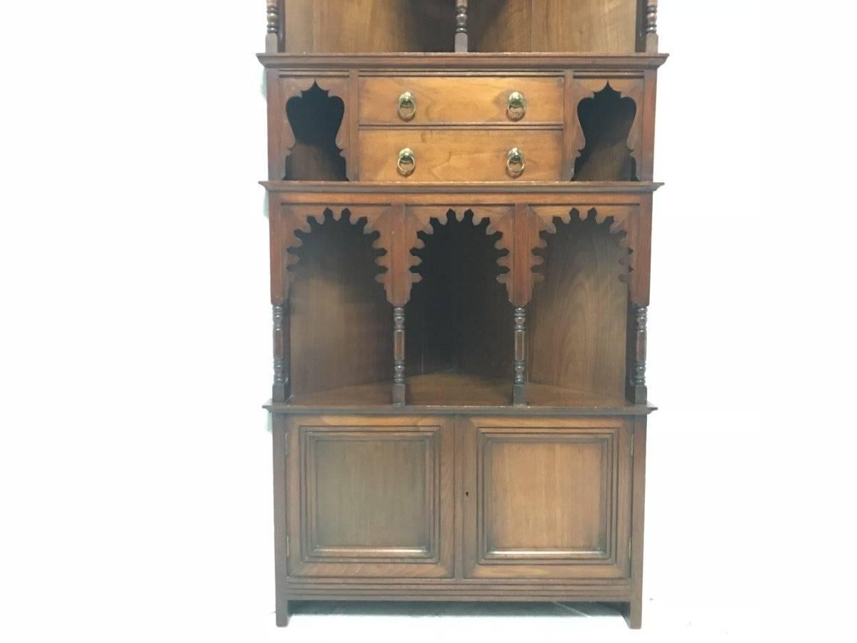 Liberty & Co. a Moorish Walnut Corner Cupboard with Musharabieh Turned Details In Good Condition In London, GB