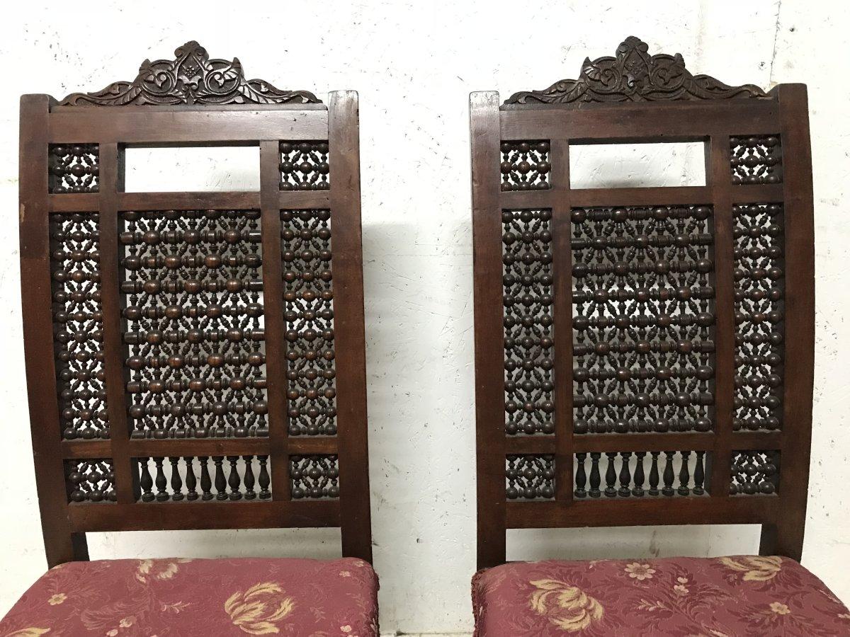 Liberty & Co. a Pair of Moorish Side Chairs with Carving & Moucharabieh Turnings 1