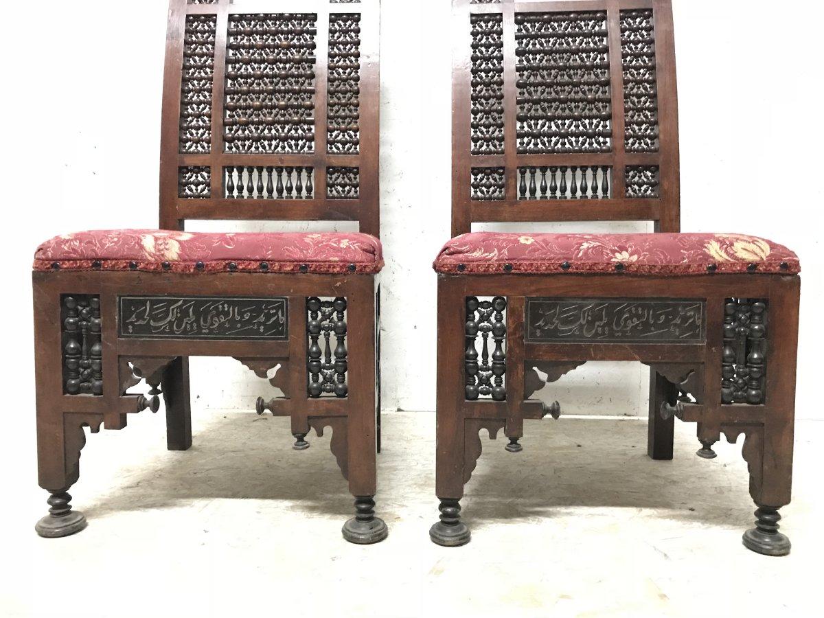Liberty & Co. a Pair of Moorish Side Chairs with Carving & Moucharabieh Turnings 4