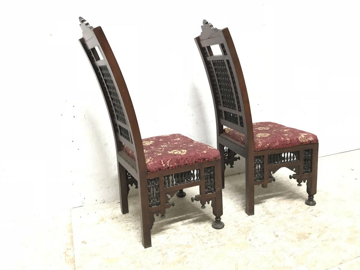 English Liberty & Co. a Pair of Moorish Side Chairs with Carving & Moucharabieh Turnings