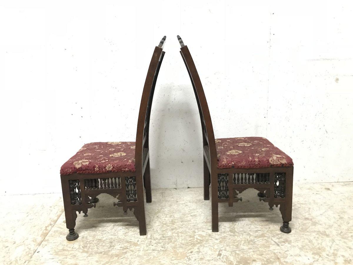 Hand-Crafted Liberty & Co. a Pair of Moorish Side Chairs with Carving & Moucharabieh Turnings
