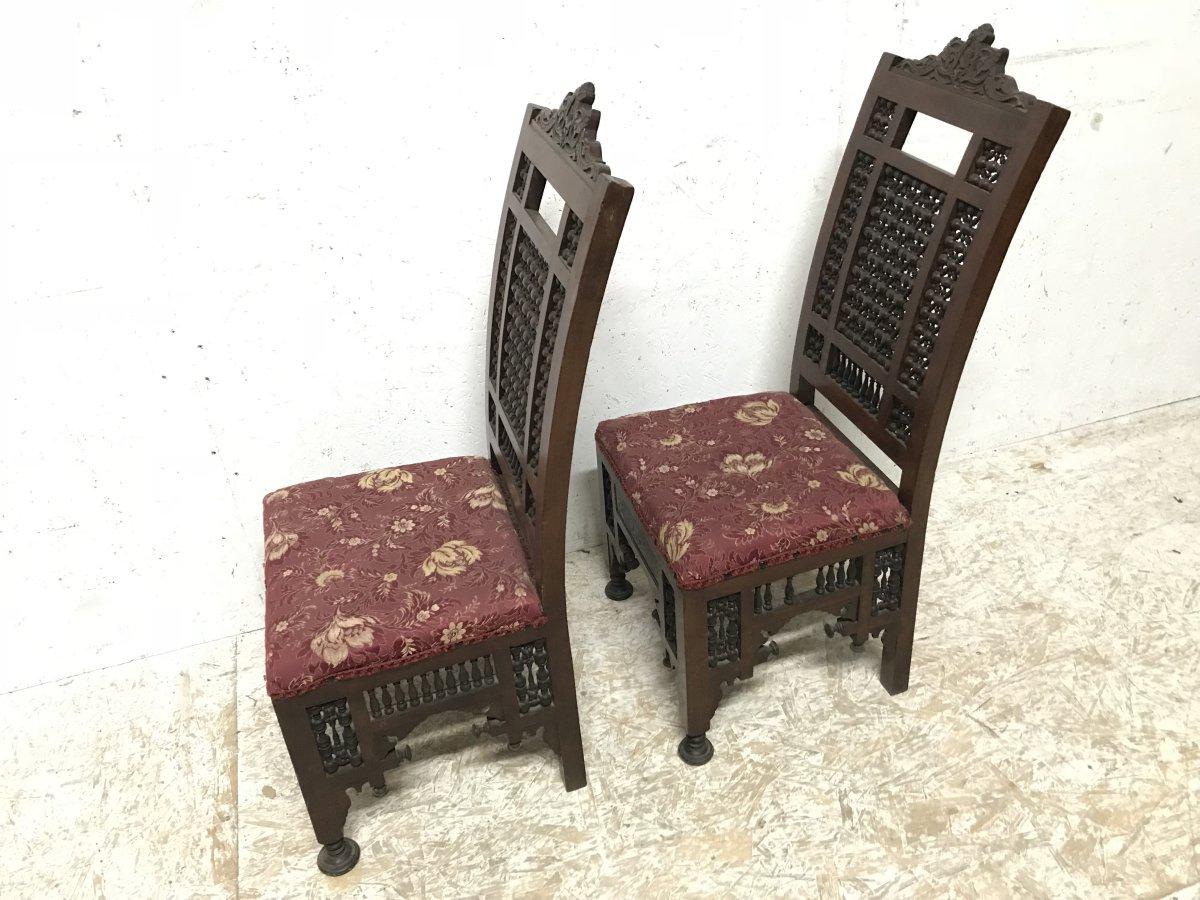 Late 19th Century Liberty & Co. a Pair of Moorish Side Chairs with Carving & Moucharabieh Turnings