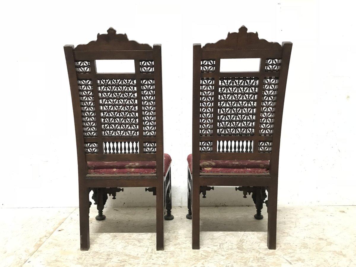 Walnut Liberty & Co. a Pair of Moorish Side Chairs with Carving & Moucharabieh Turnings