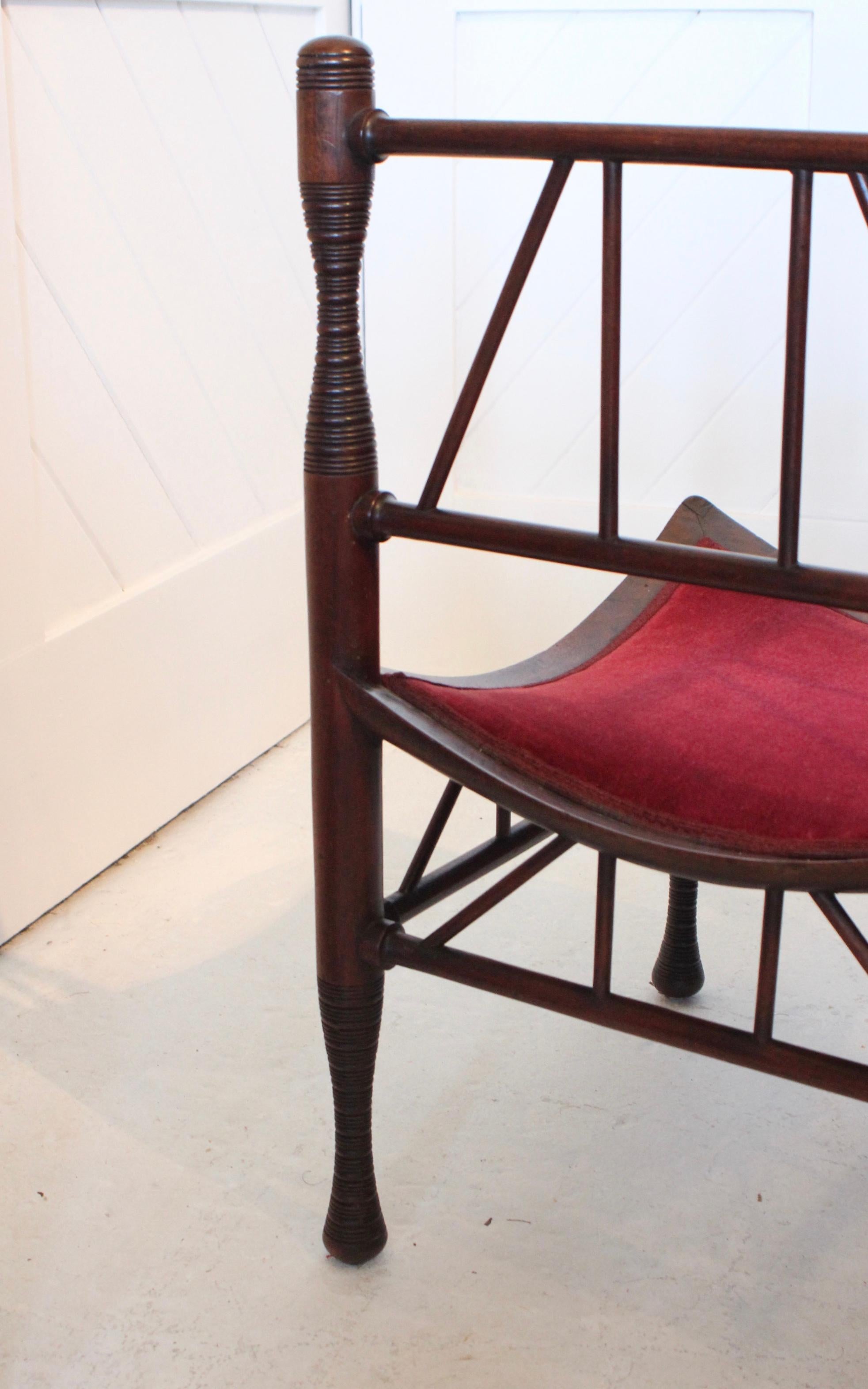 Aesthetic Movement rare ‘Thebes’ walnut corner chair
Red velvet seat
By Liberty & Co
Circa 1885
 