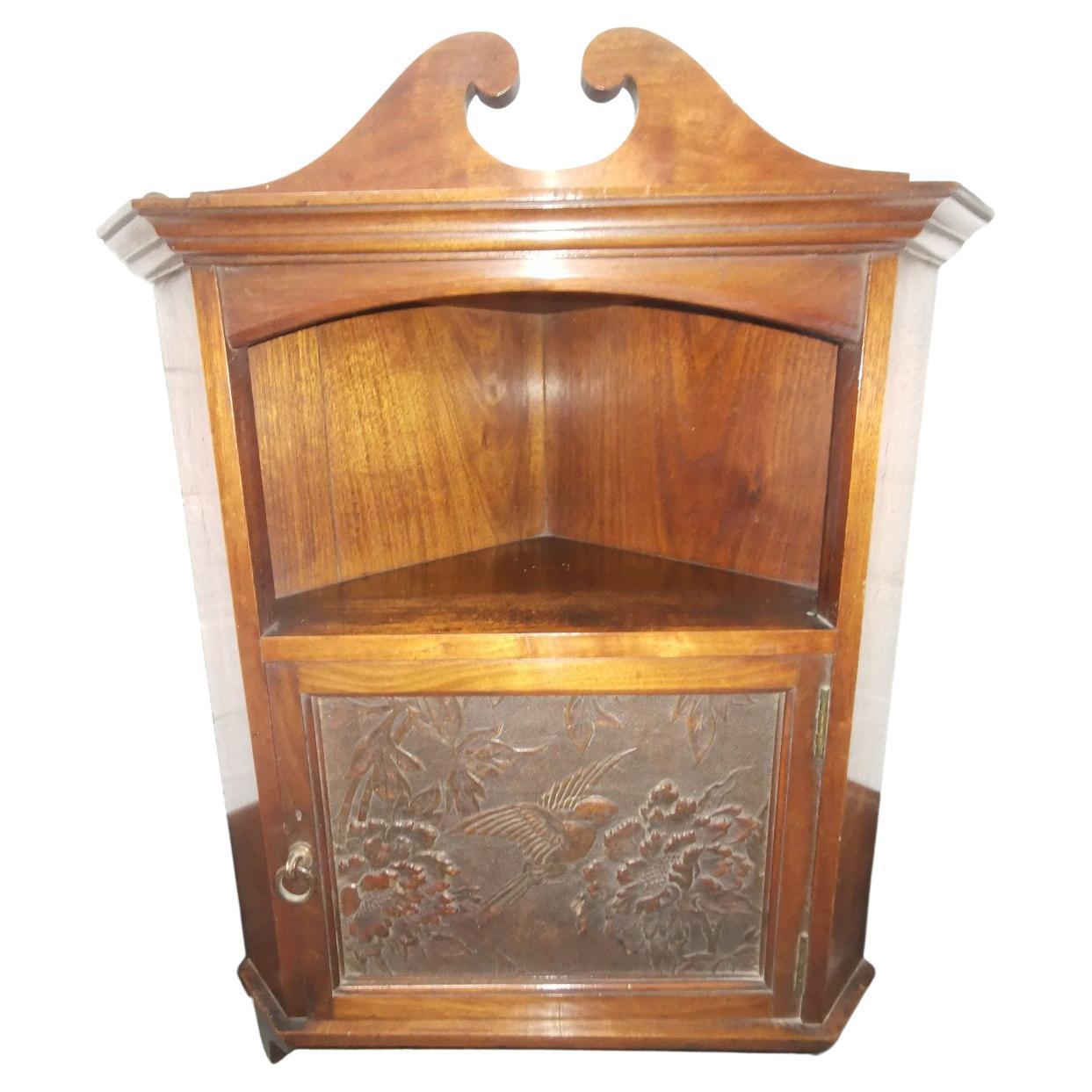 Liberty & Co Aesthetic Movement Walnut Corner Cupboard with Embossed Bird Panel