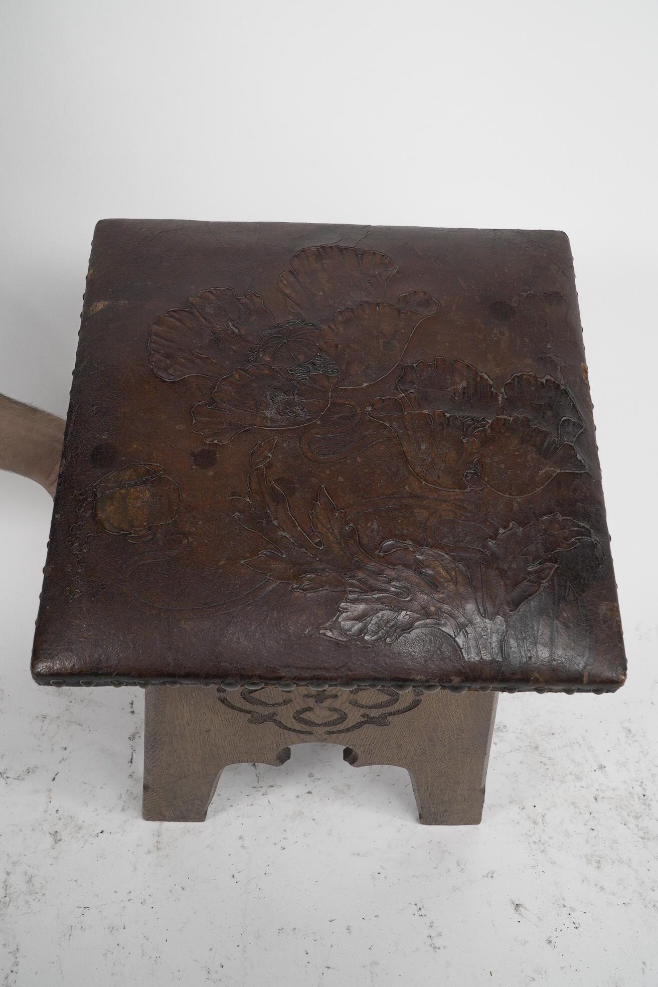 Liberty & Co, an Arts & Crafts Moorish Oak Stool with Embossed Leather Seat For Sale 5