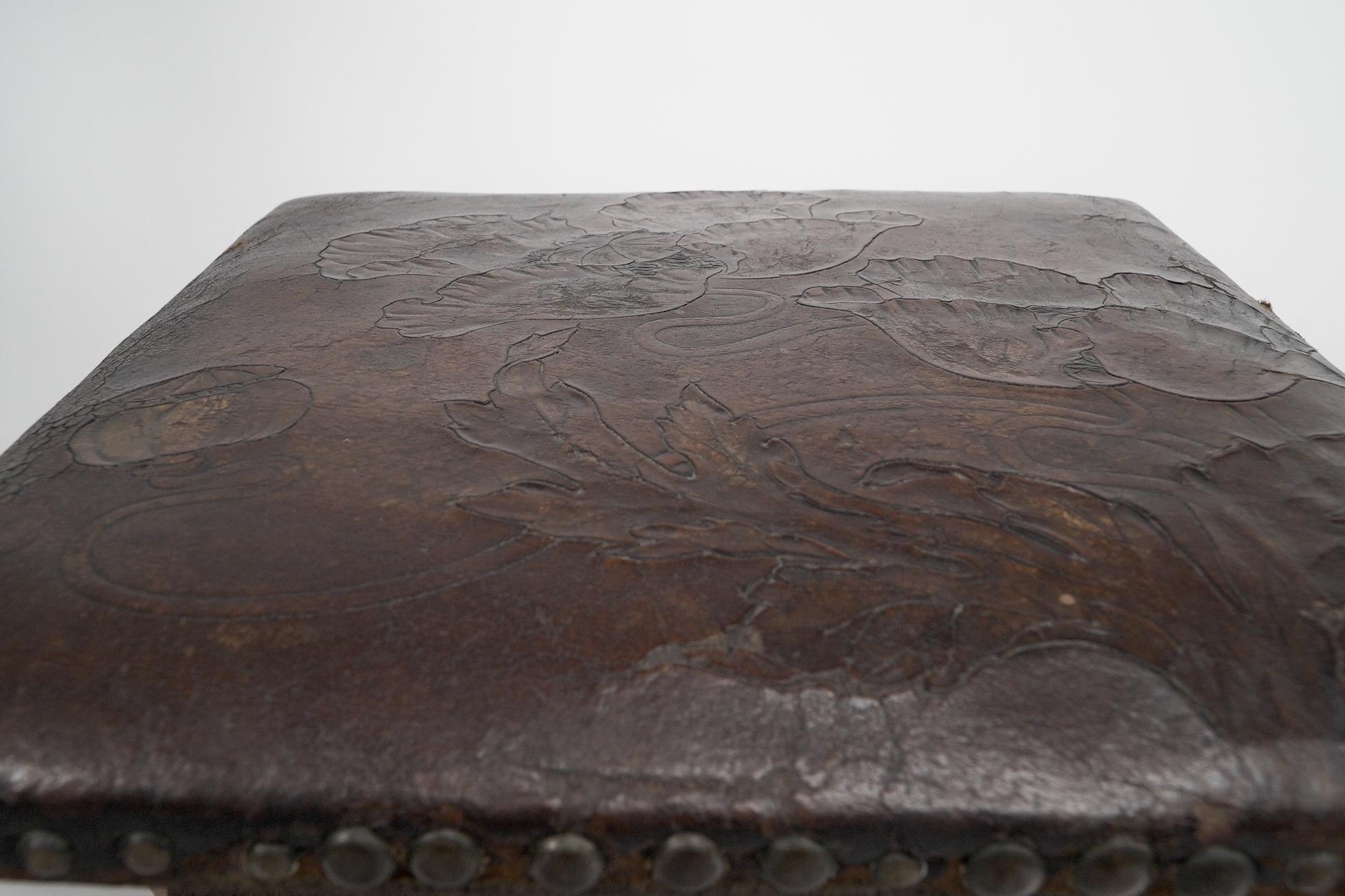 Liberty & Co, an Arts & Crafts Moorish Oak Stool with Embossed Leather Seat For Sale 6