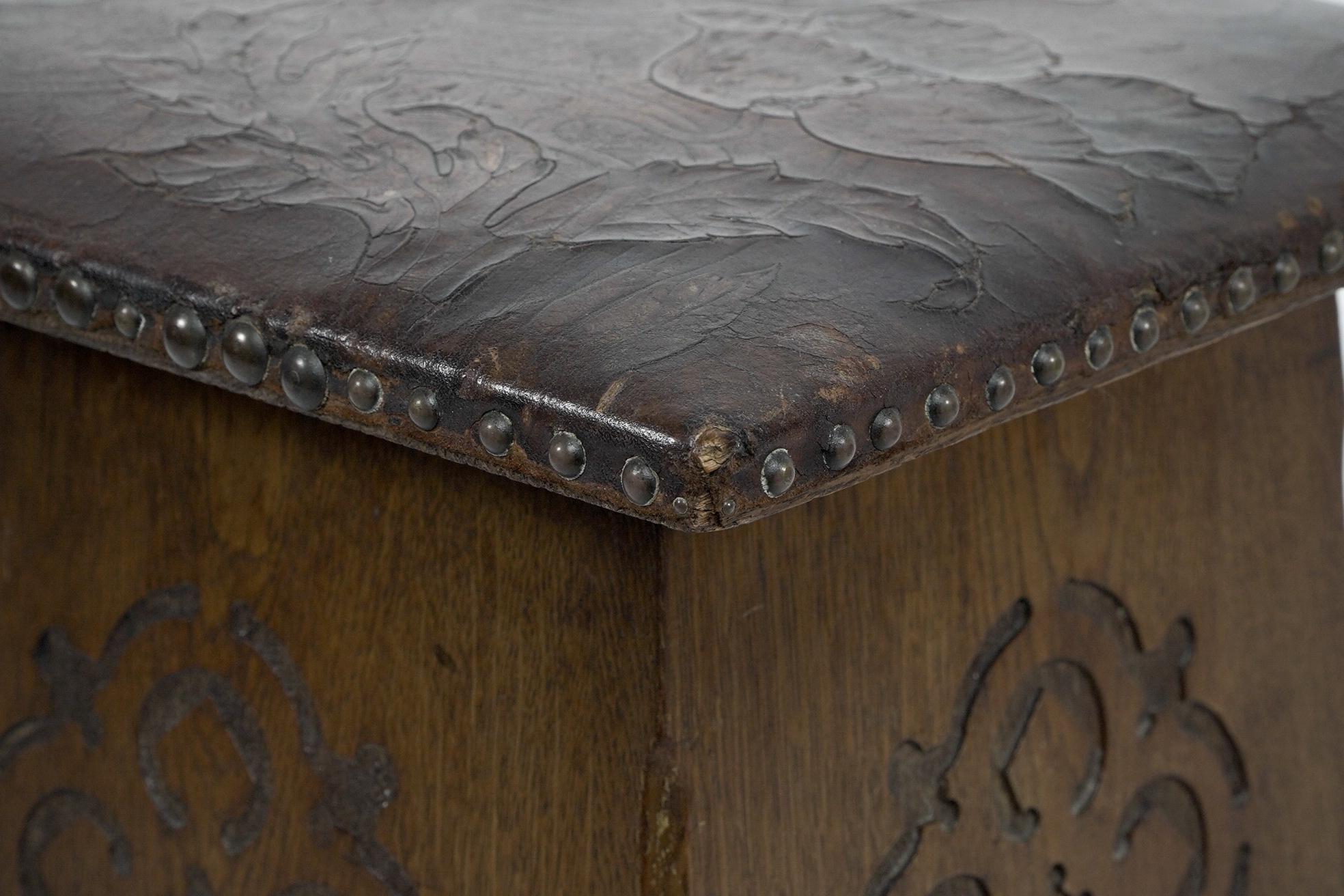 Liberty & Co, an Arts & Crafts Moorish Oak Stool with Embossed Leather Seat For Sale 2