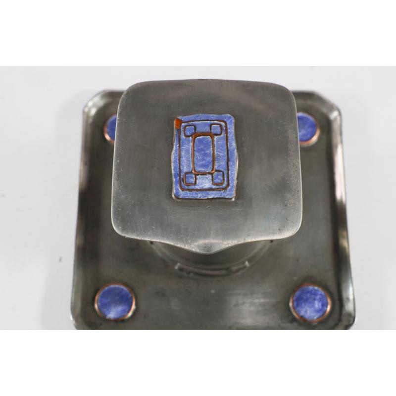 Liberty & Co. An Arts & Crafts Pewter Inkwell with Violet Enamel Decoration. For Sale 4
