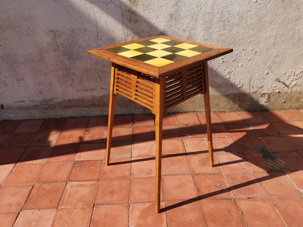 English Liberty & Co, an Arts & Crafts Side Table with Green & Yellow Tiles to the Top